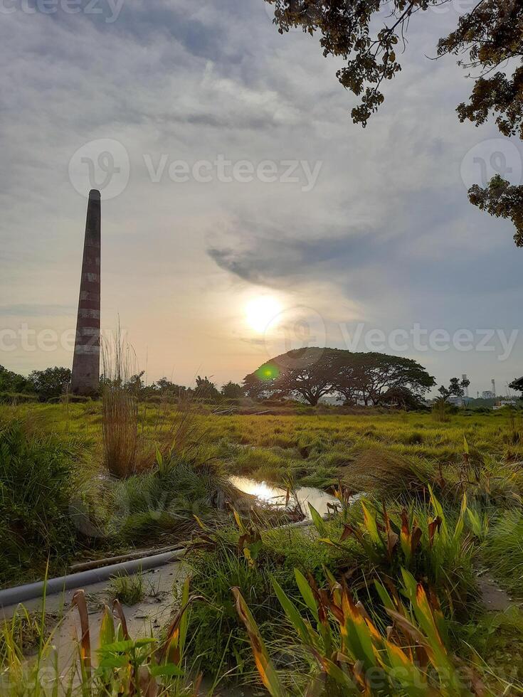 a view of a tower in the middle of a field photo