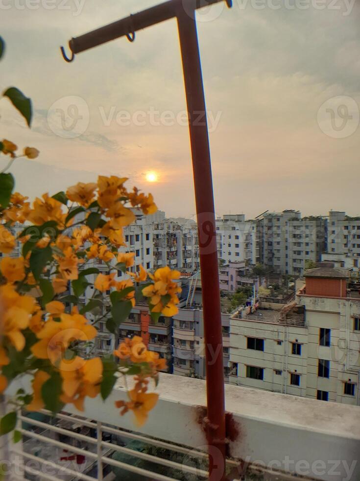 a view of a city from a balcony photo