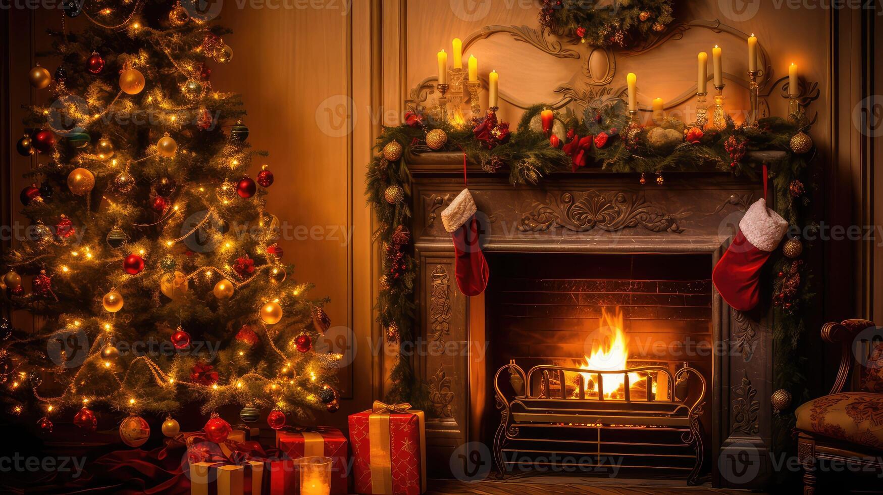 lights christmas tree fireplace photo