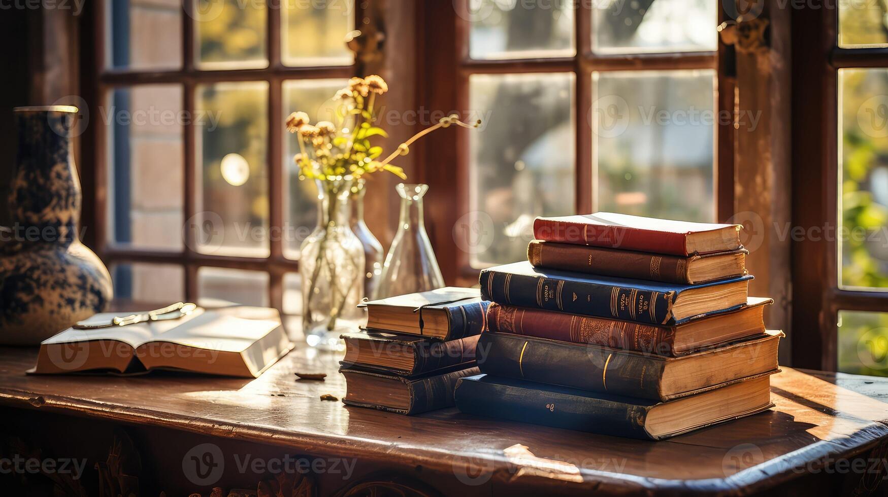 natural table with books photo