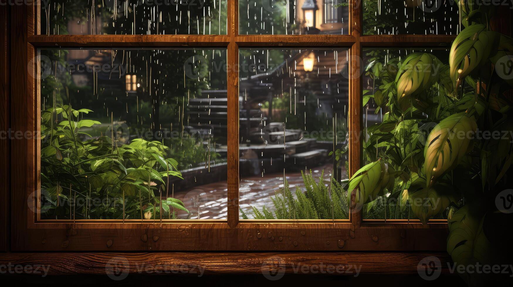 indoor wood frame window rain photo