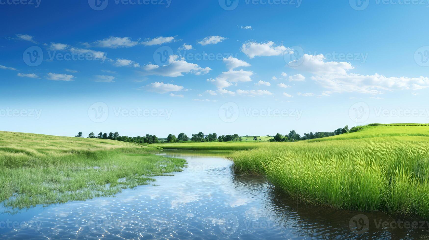 landscape green grass blue skies photo