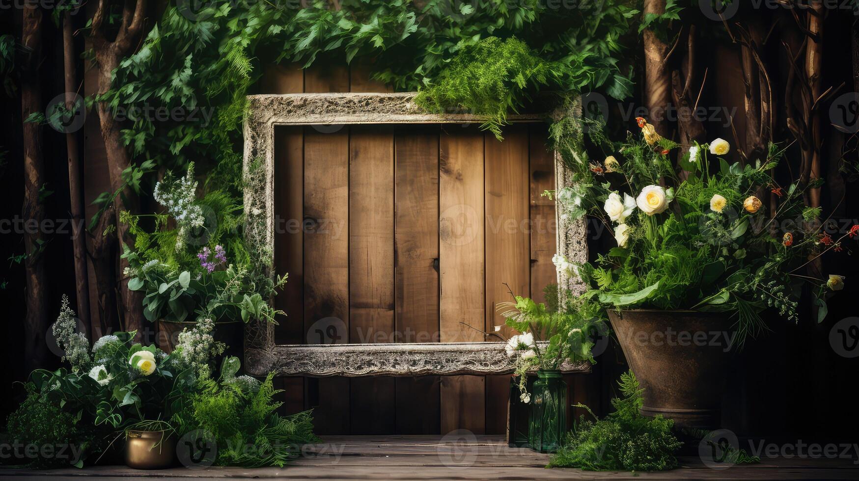 rustic wood frame with greenery photo