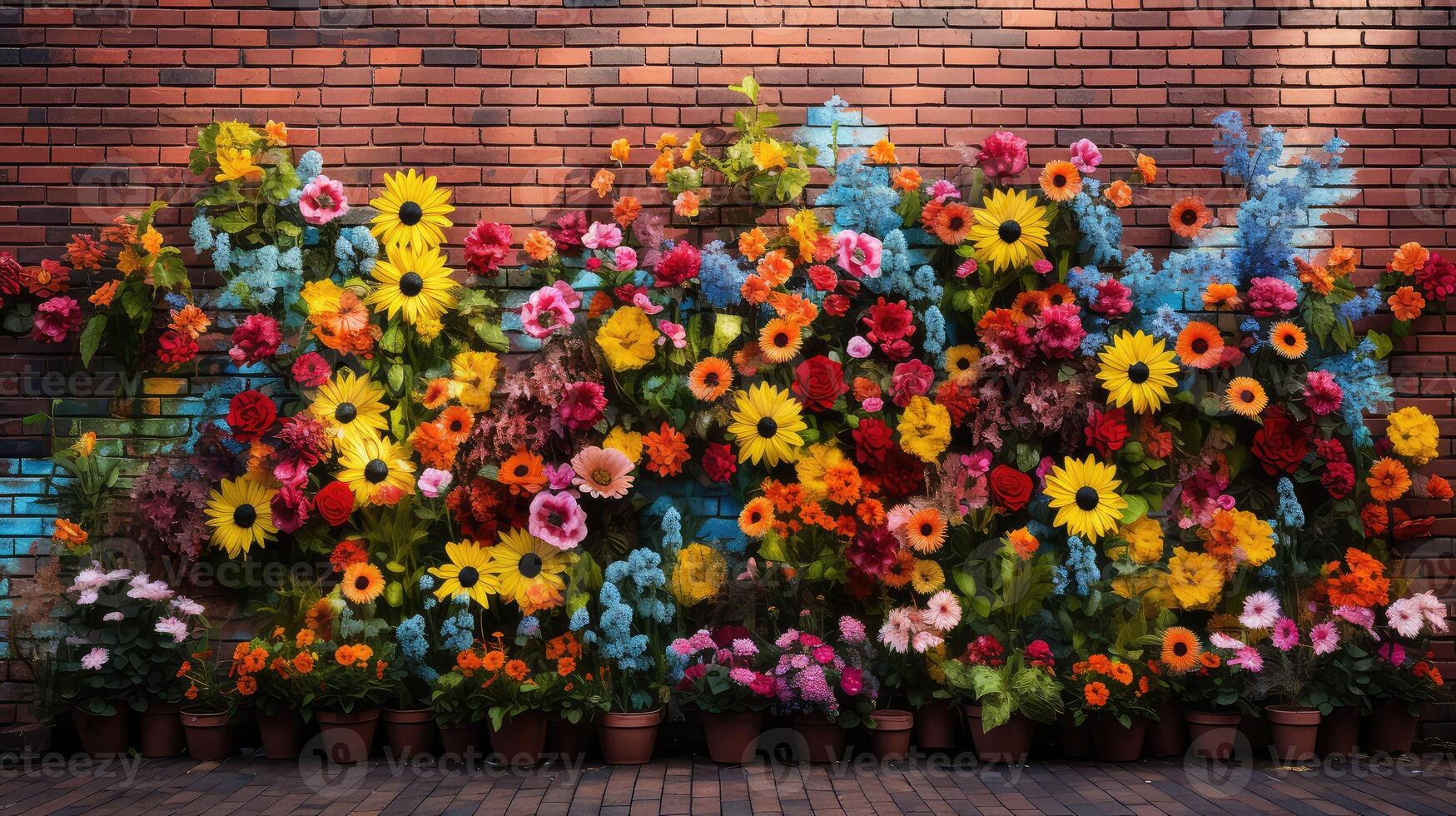 sun brick wall with flowers photo