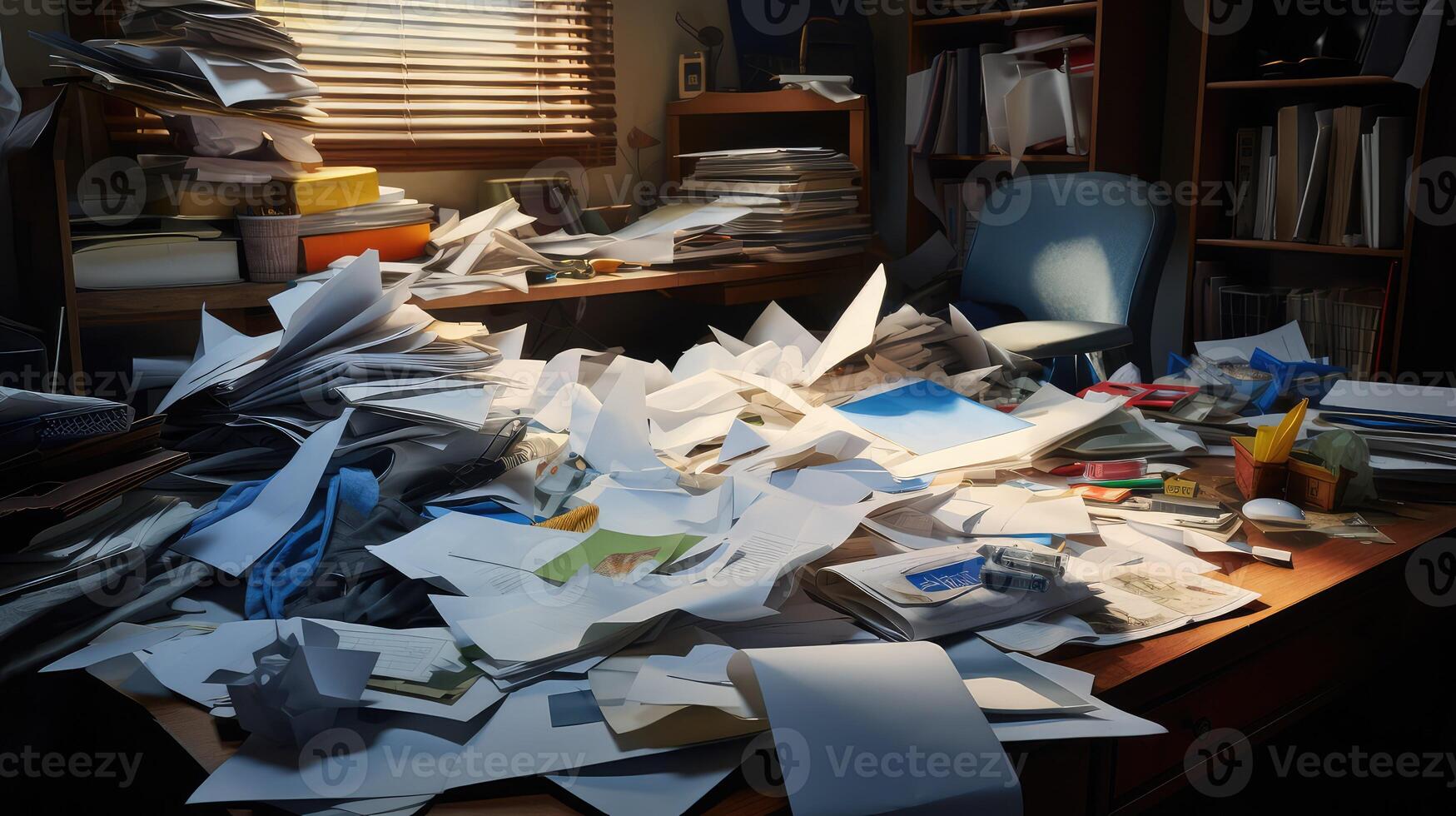 disorganizati sheets on desk photo