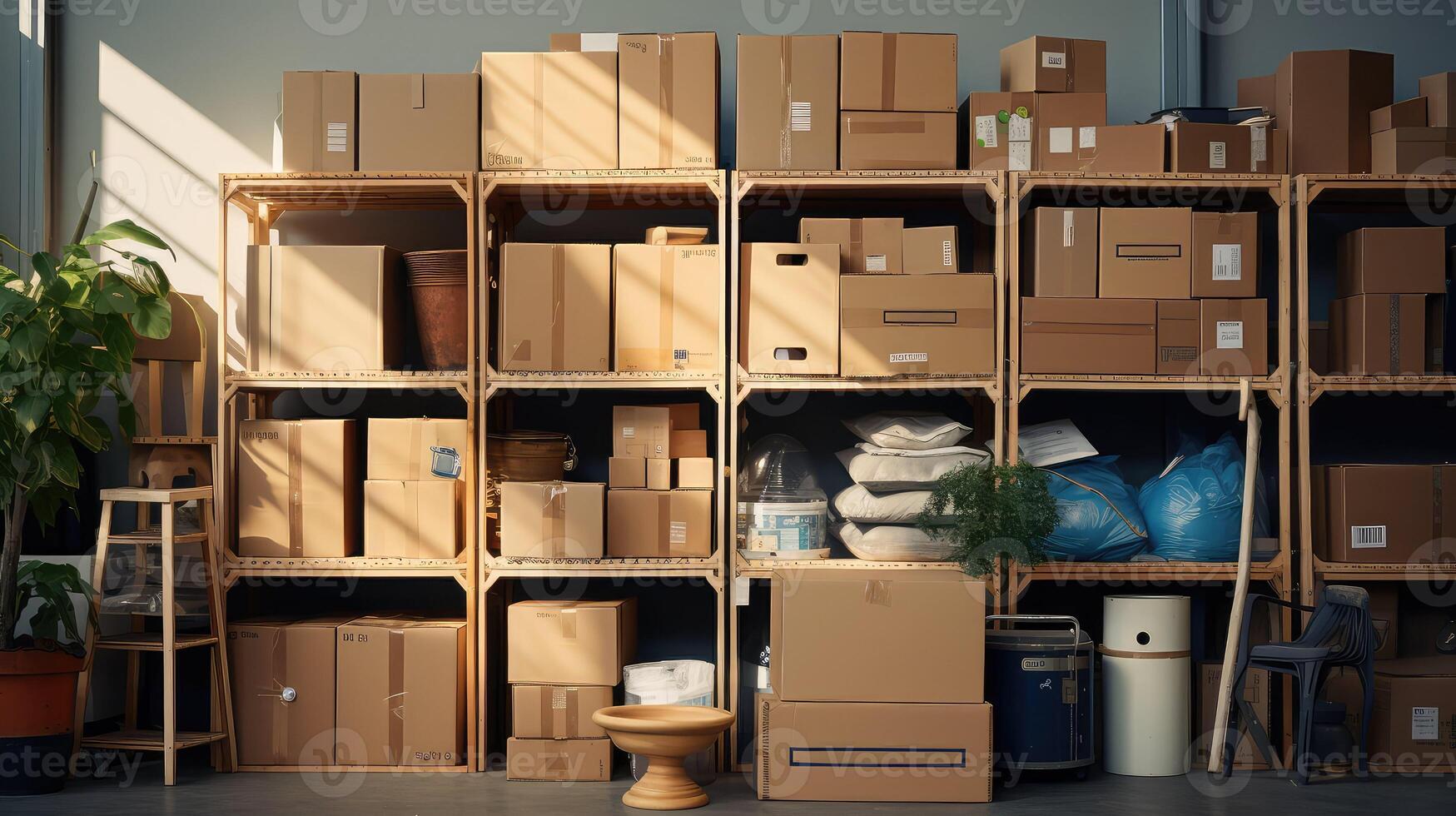 stacked storage unit with boxes photo