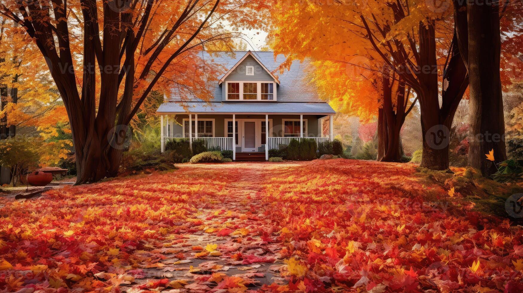 cozy autumn leaves house photo