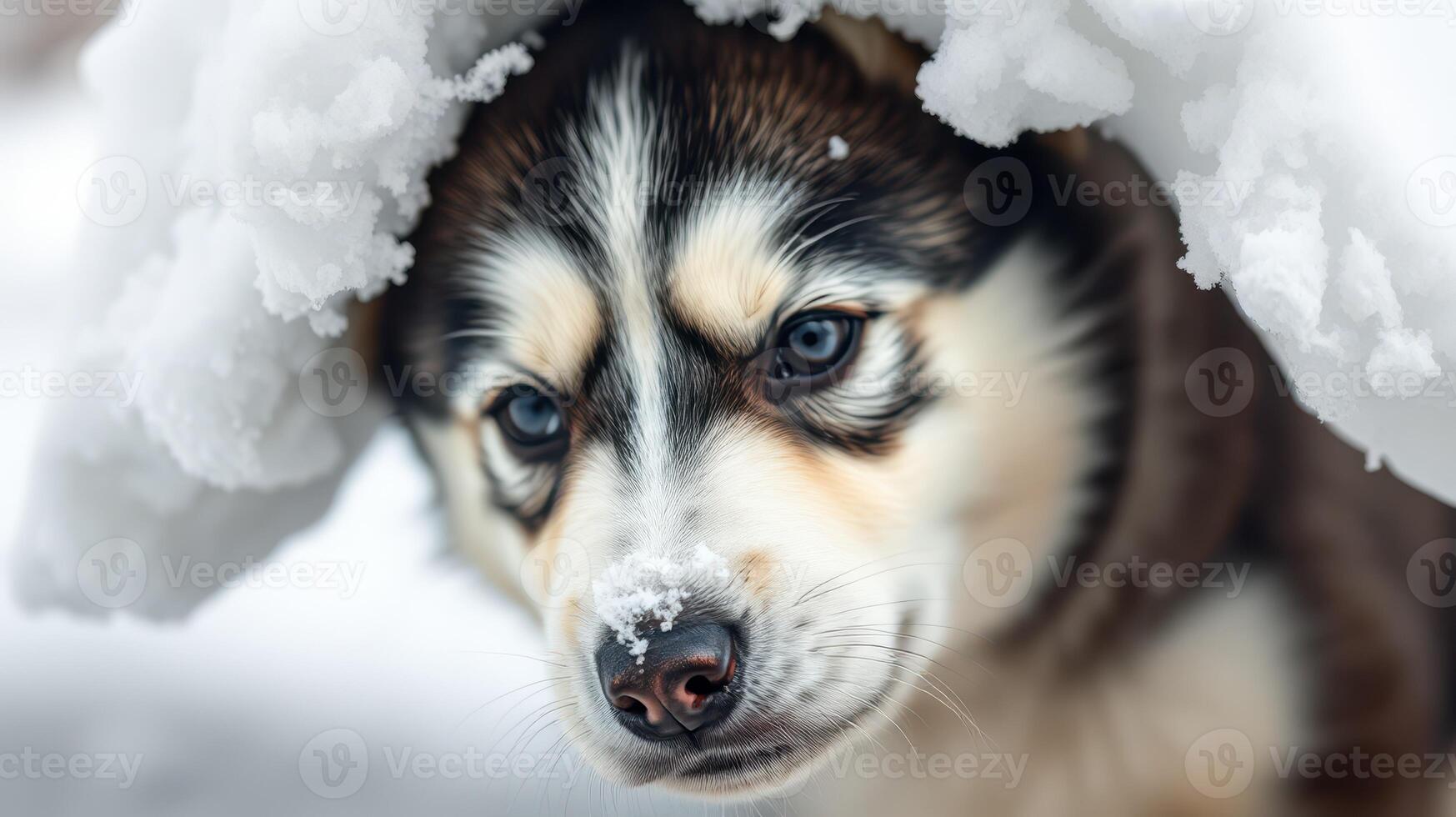 Puppy wearing a snow blanket enjoys a winter day in a snowy landscape photo