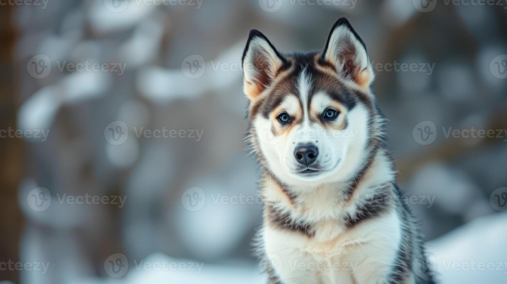 Husky dog sitting in a snowy landscape during winter, showcasing its striking features and alert expression photo