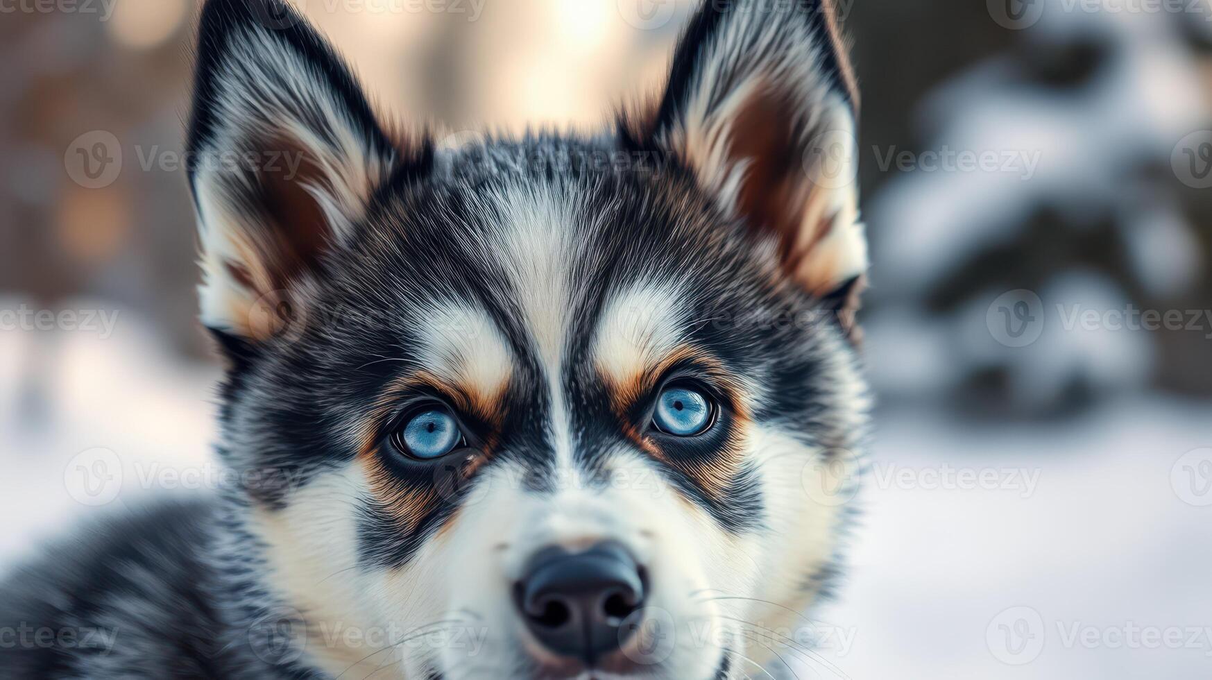 Beautiful husky puppy with striking blue eyes enjoys snowy winter day outdoors in a serene setting photo