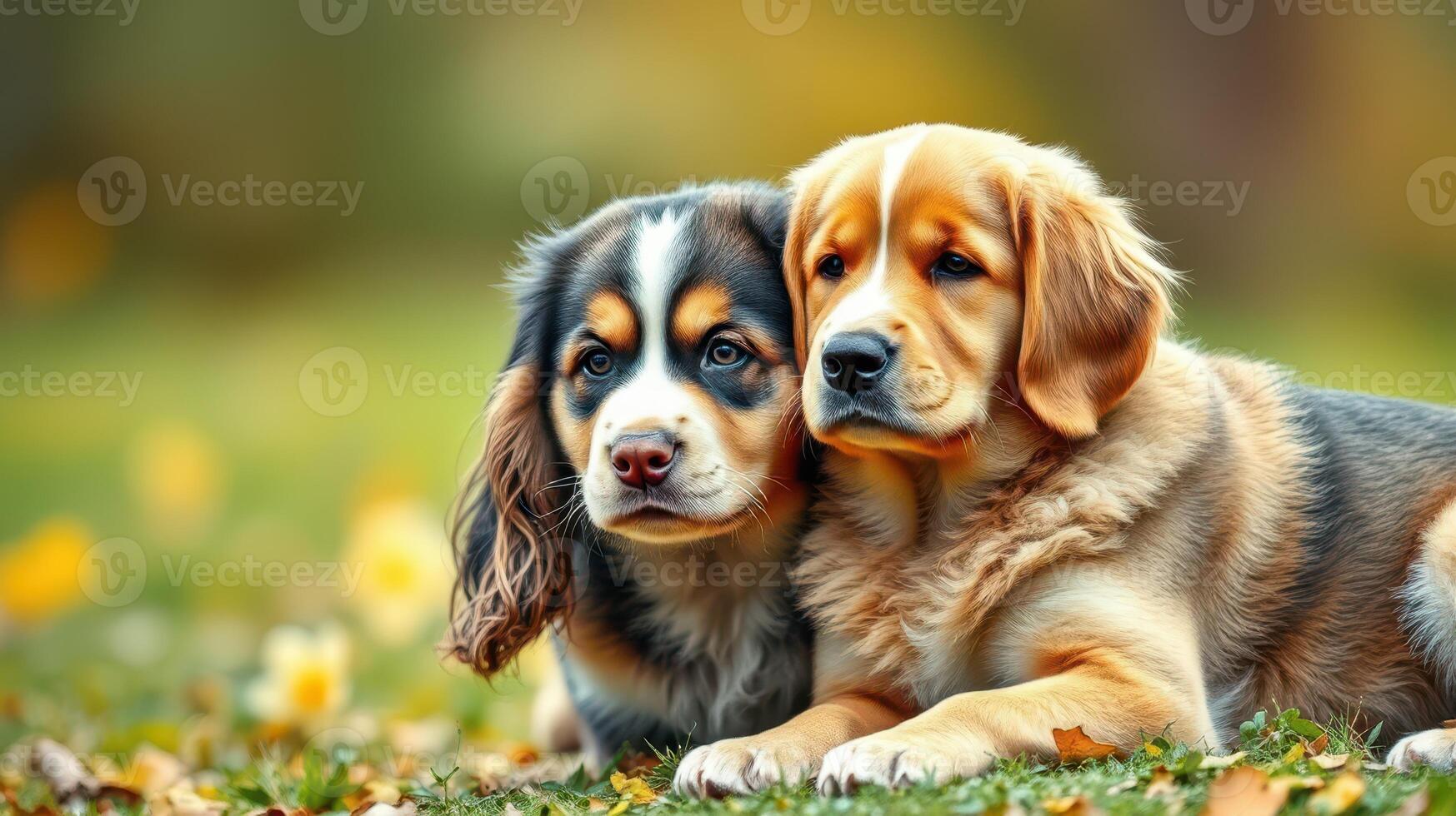 Two adorable puppies sitting together in a sunlit park surrounded by autumn leaves enjoying a peaceful afternoon photo