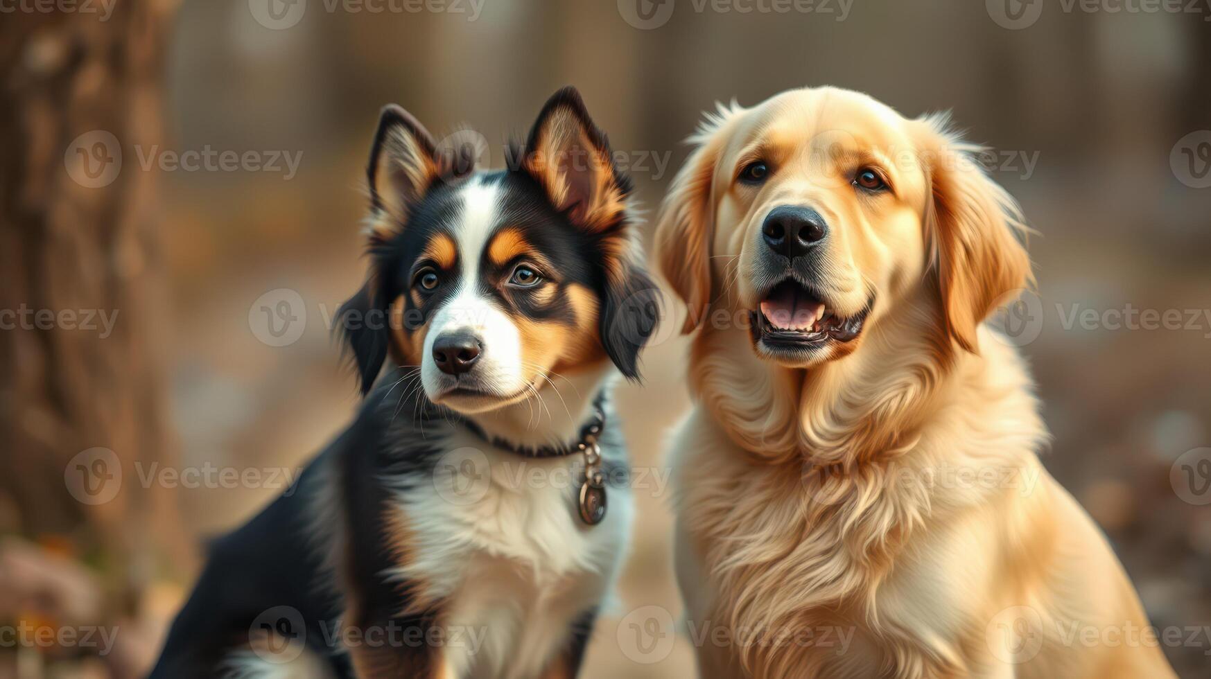 Two friendly dogs enjoying a sunny day in the park surrounded by autumn foliage and soft sunlight photo