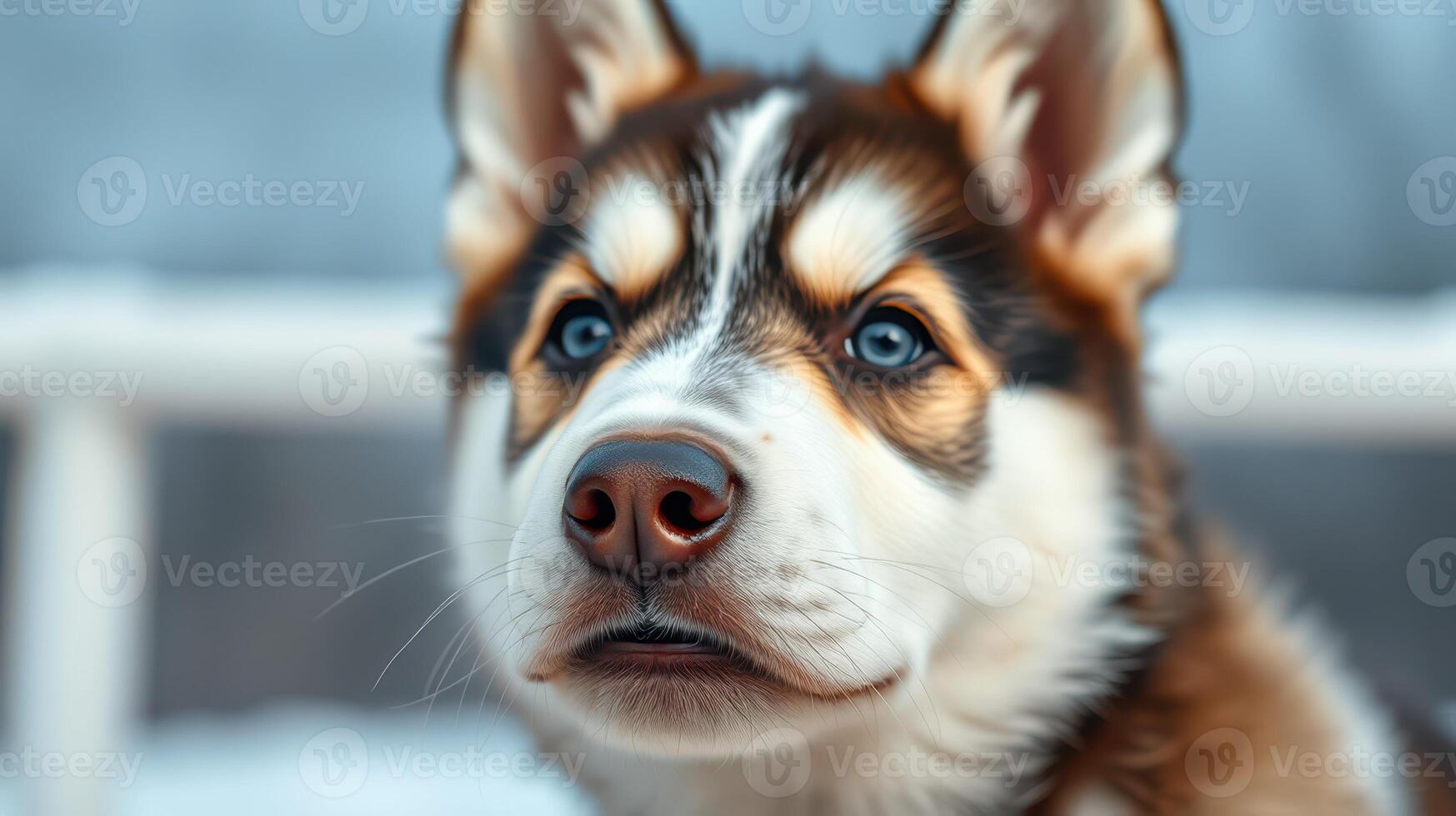 Siberian husky puppy with striking blue eyes gazes thoughtfully outdoors in a winter setting photo