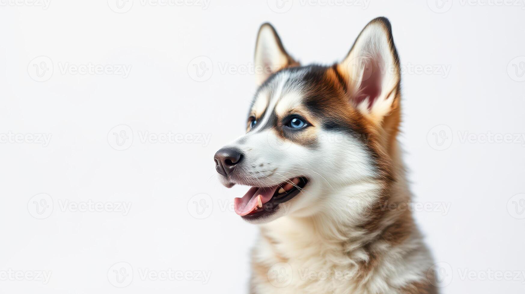 Beautiful husky dog with striking features posing against a plain background in a bright indoor setting photo