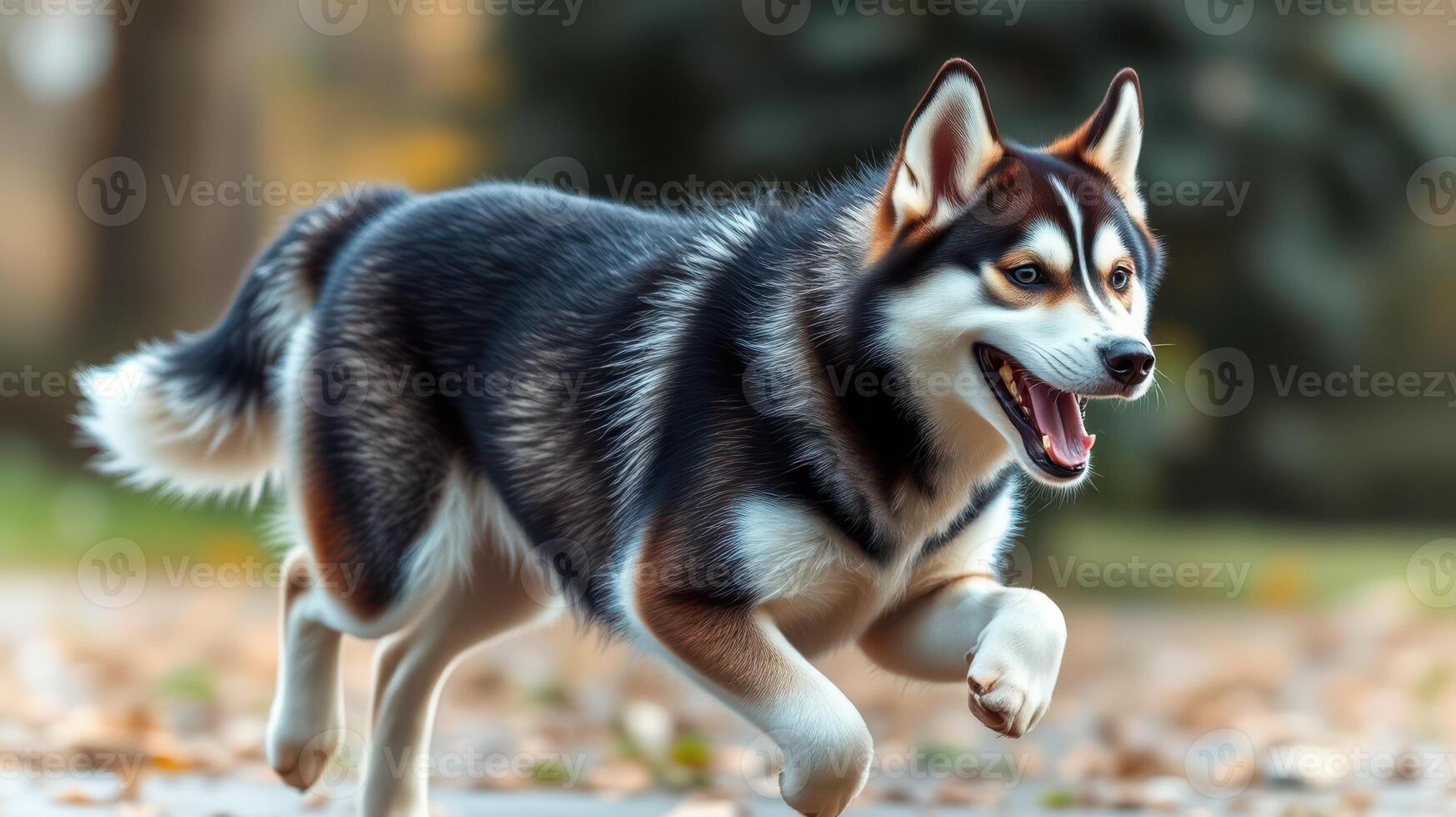 Energetic husky playing in a park during autumn with fallen leaves underfoot photo