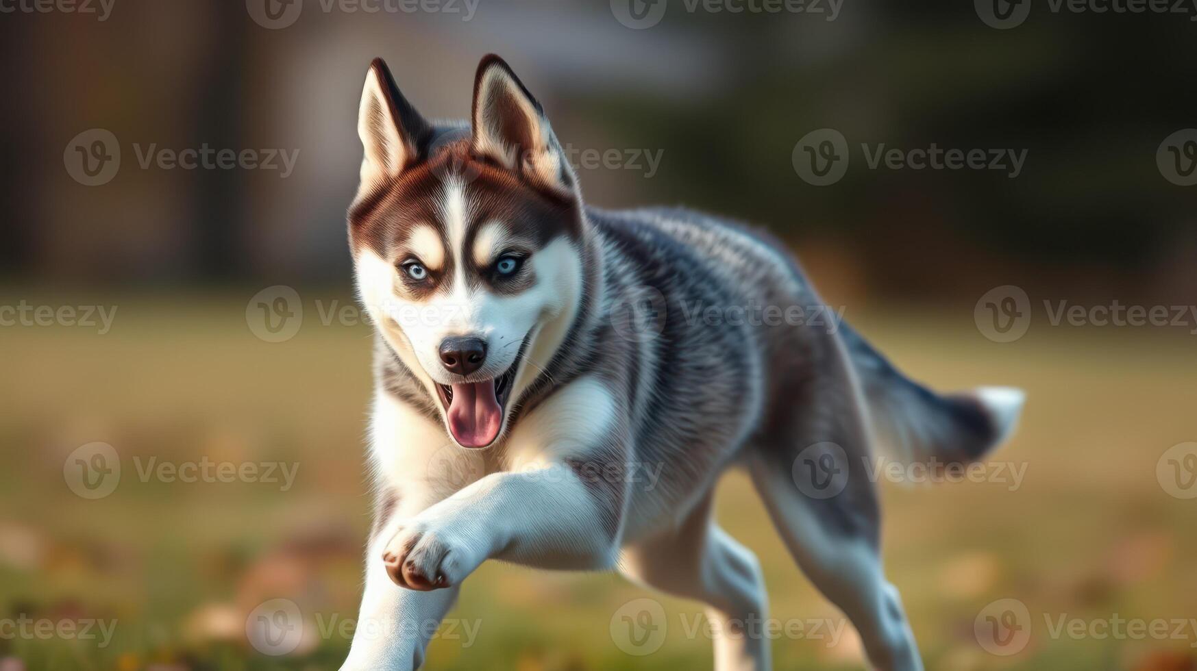 Energetic husky running playfully across a grassy field during golden hour sunshine photo