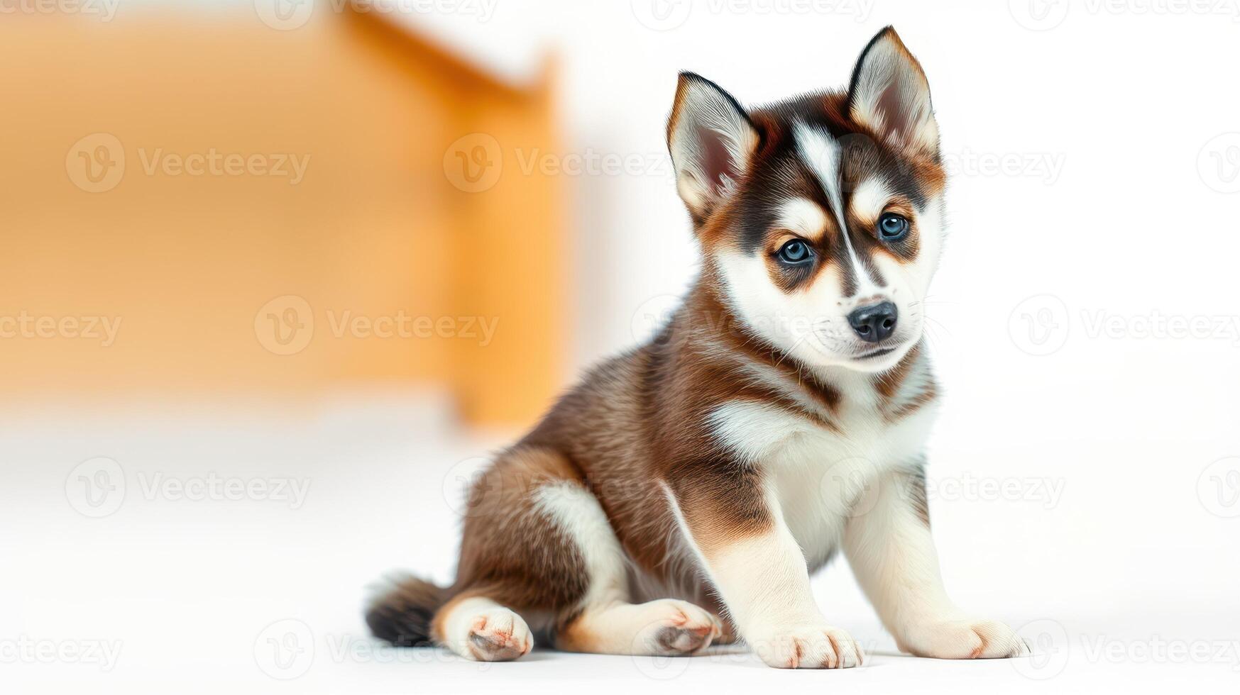Cute husky puppy sitting on white surface with playful expression, showcasing beautiful coat and bright eyes in a cozy indoor setting photo