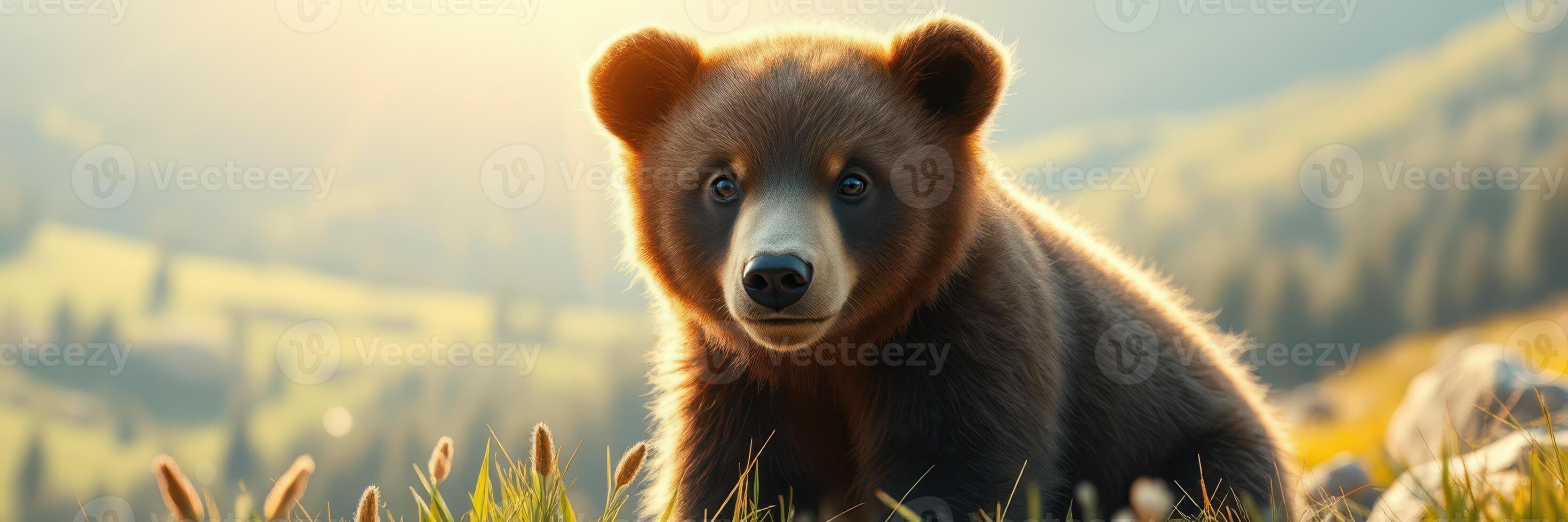 Brown bear cub sitting in a sunny meadow surrounded by mountains during the golden hour photo