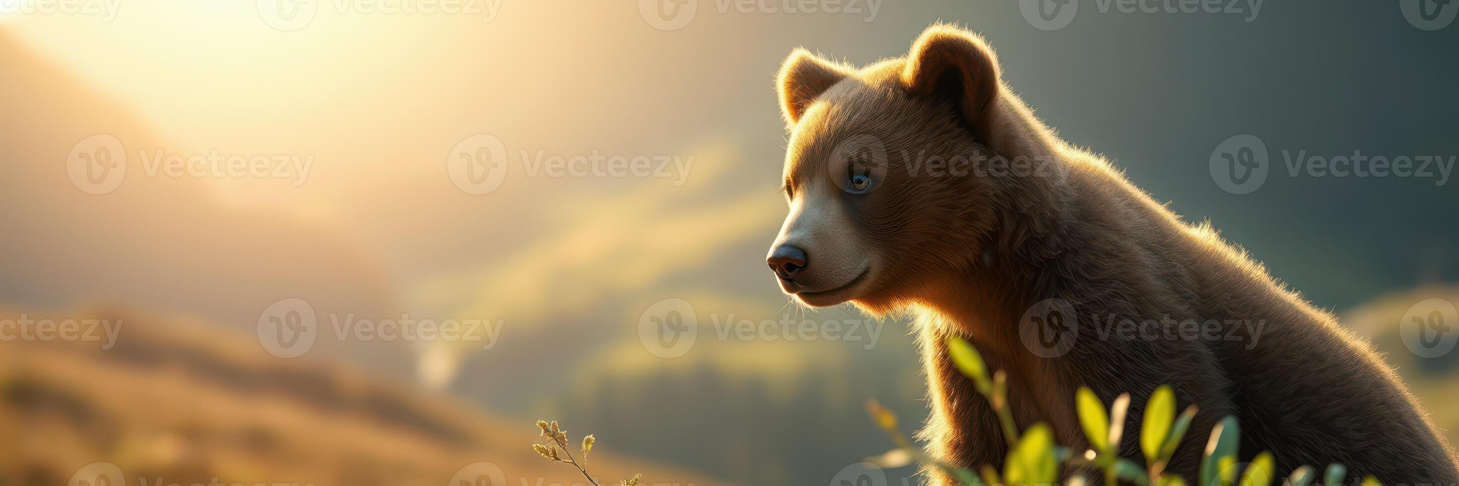 Young bear exploring nature during golden hour in a serene mountain landscape photo