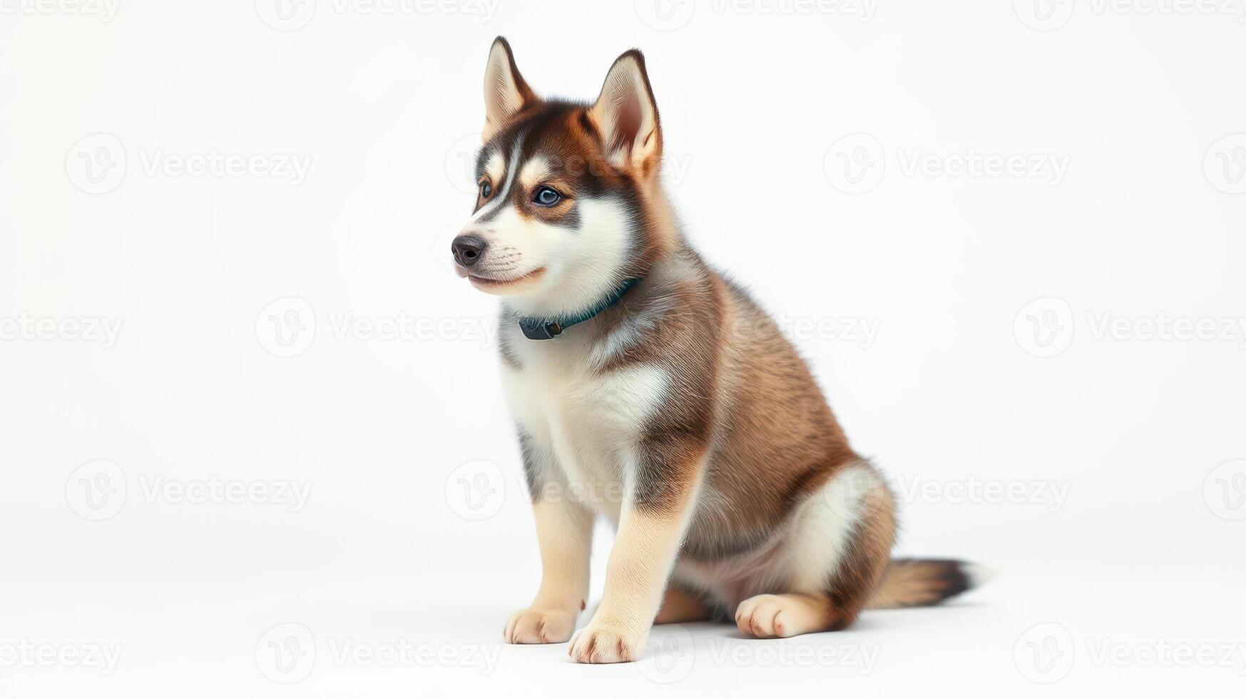 Cute young Siberian husky puppy sitting on a white background with playful expression and unique fur patterns photo