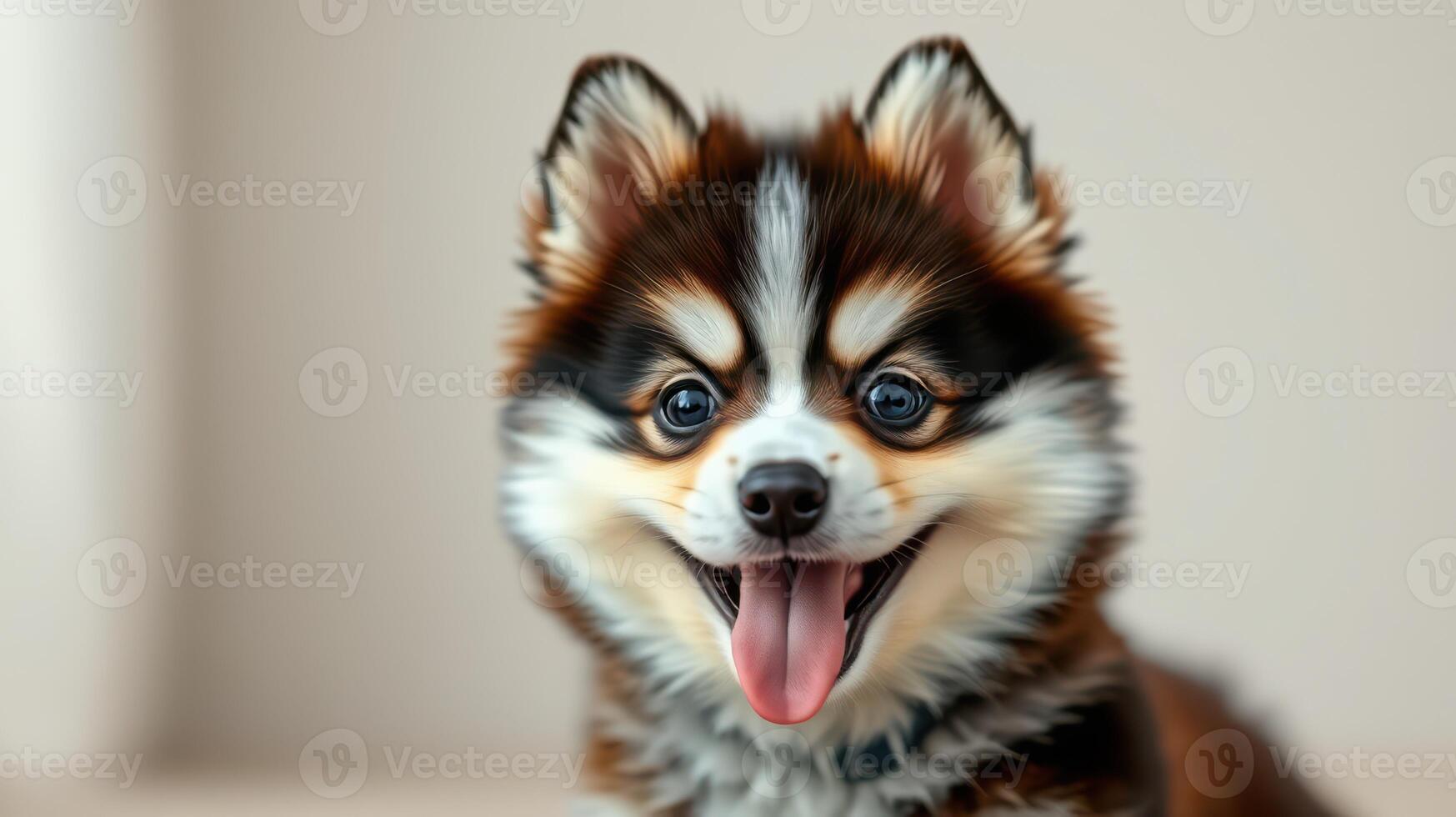 Happy pomeranian puppy with a playful expression in a bright indoor setting photo