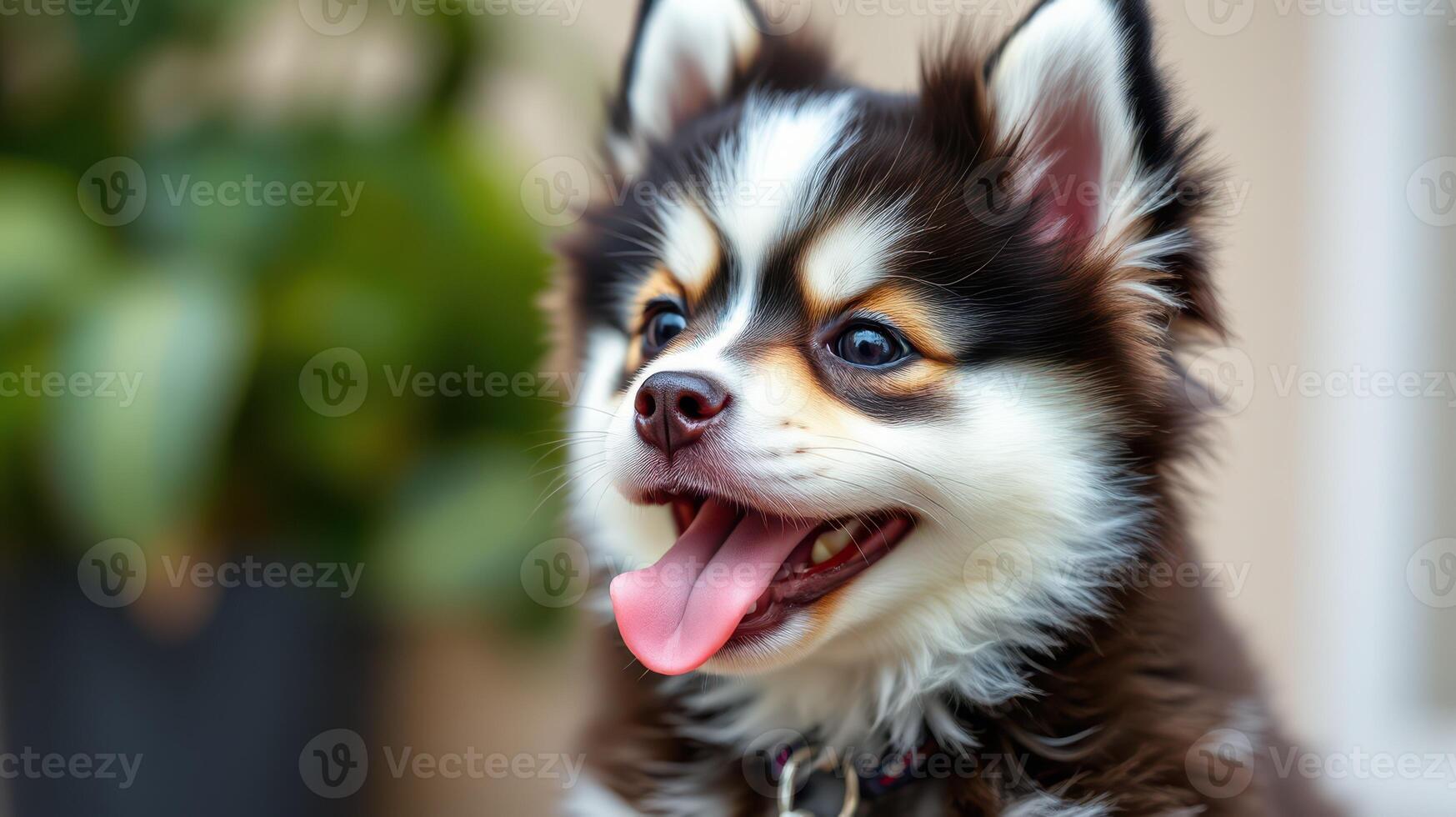 Happy small dog enjoying a sunny day outdoors with vibrant greenery in the background and a playful expression photo