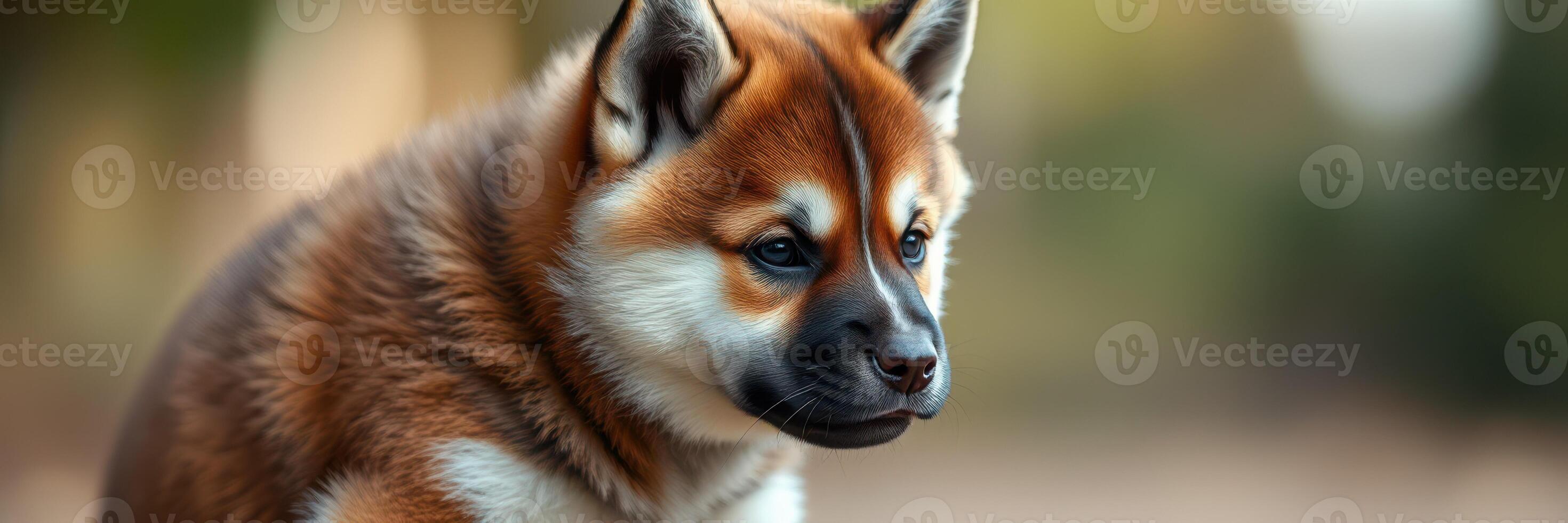 Puppy with brown and white fur sits calmly in an outdoor setting during early morning light photo