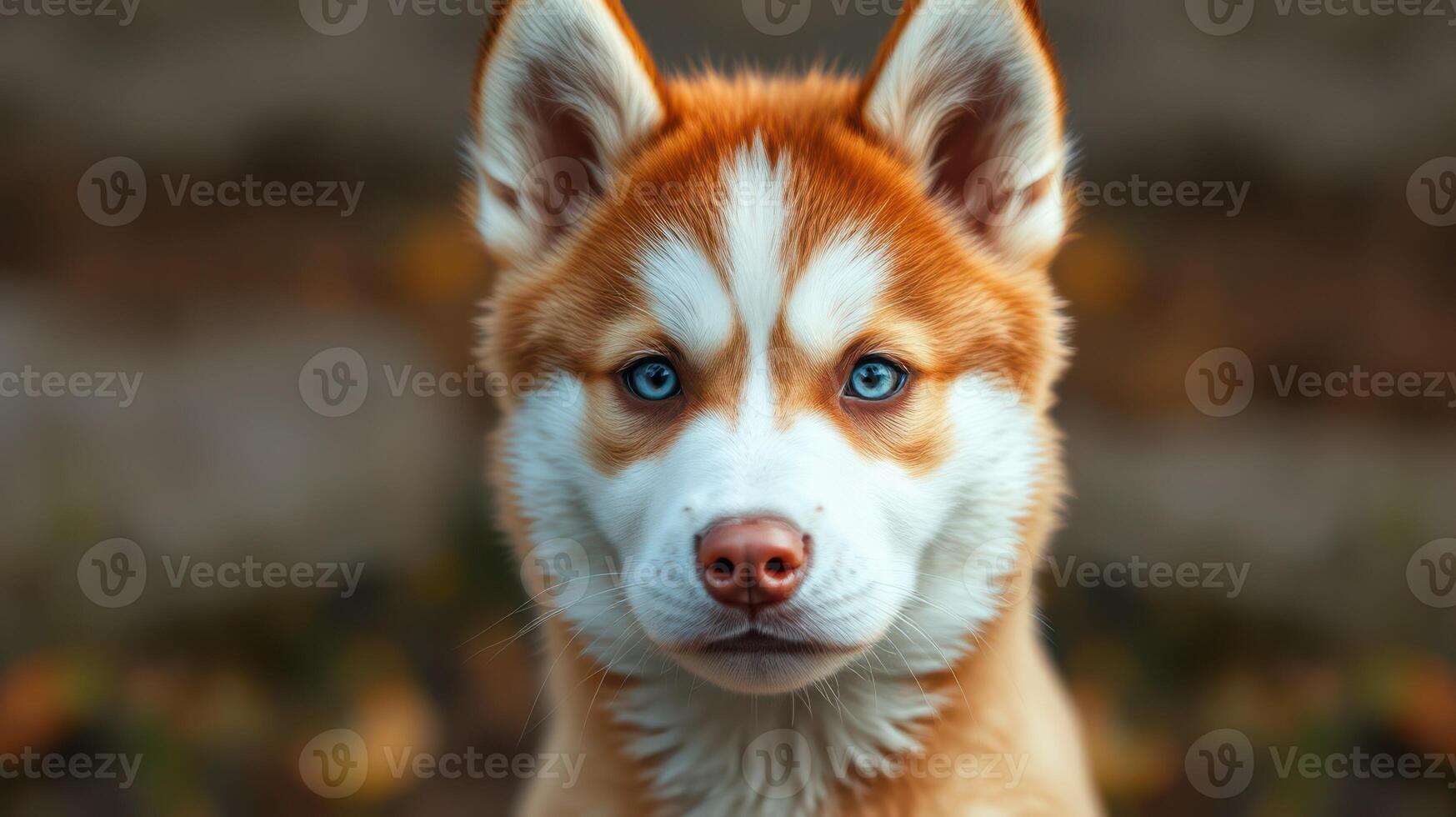 Husky puppy with striking blue eyes stands confidently in a blurred outdoor setting during golden hour photo