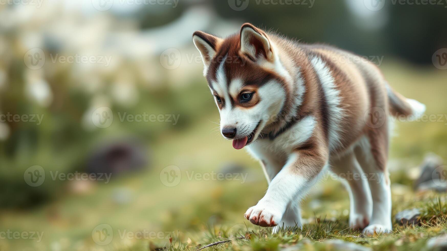 Cute puppy exploring a grassy field on a sunny day in a natural setting photo