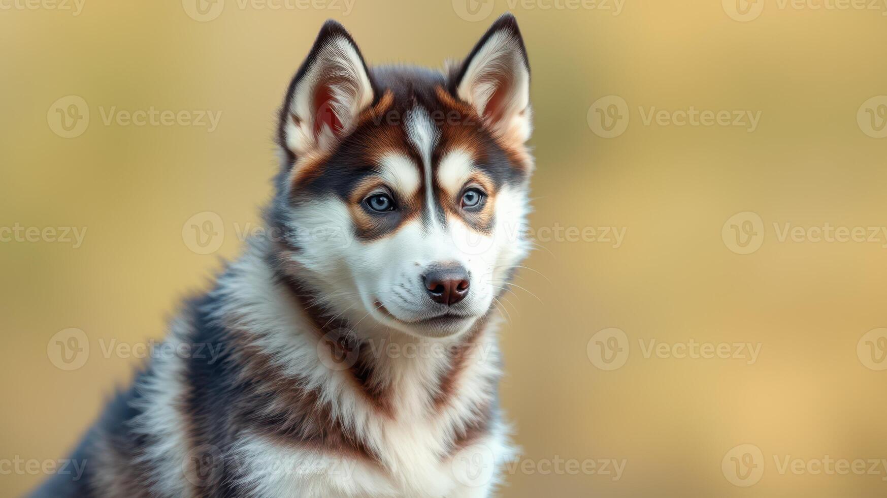 Beautiful husky puppy sits calmly in a serene outdoor setting during golden hour photo