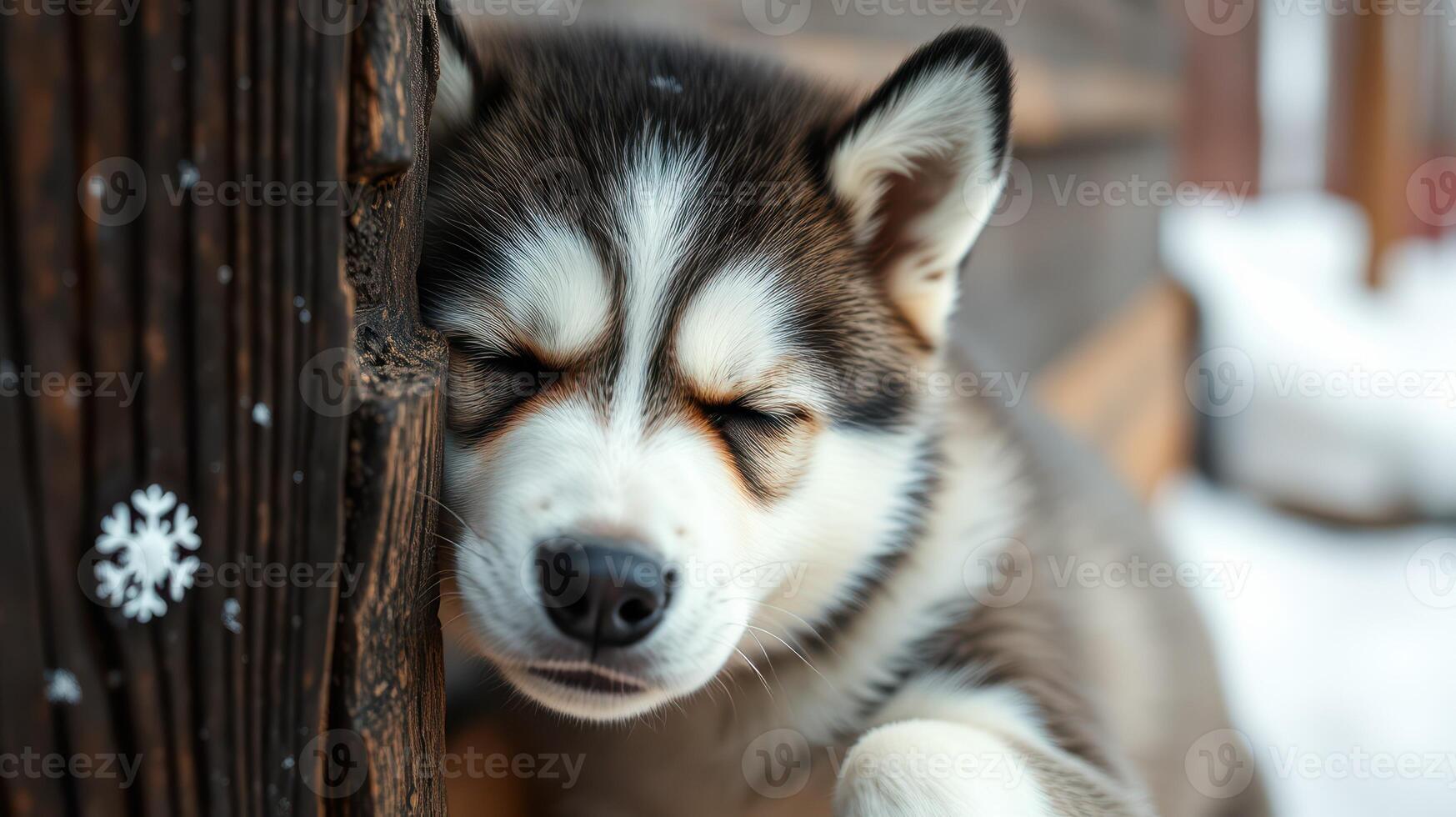Cute husky puppy sleeping against a wooden post in a snowy setting during winter daylight photo