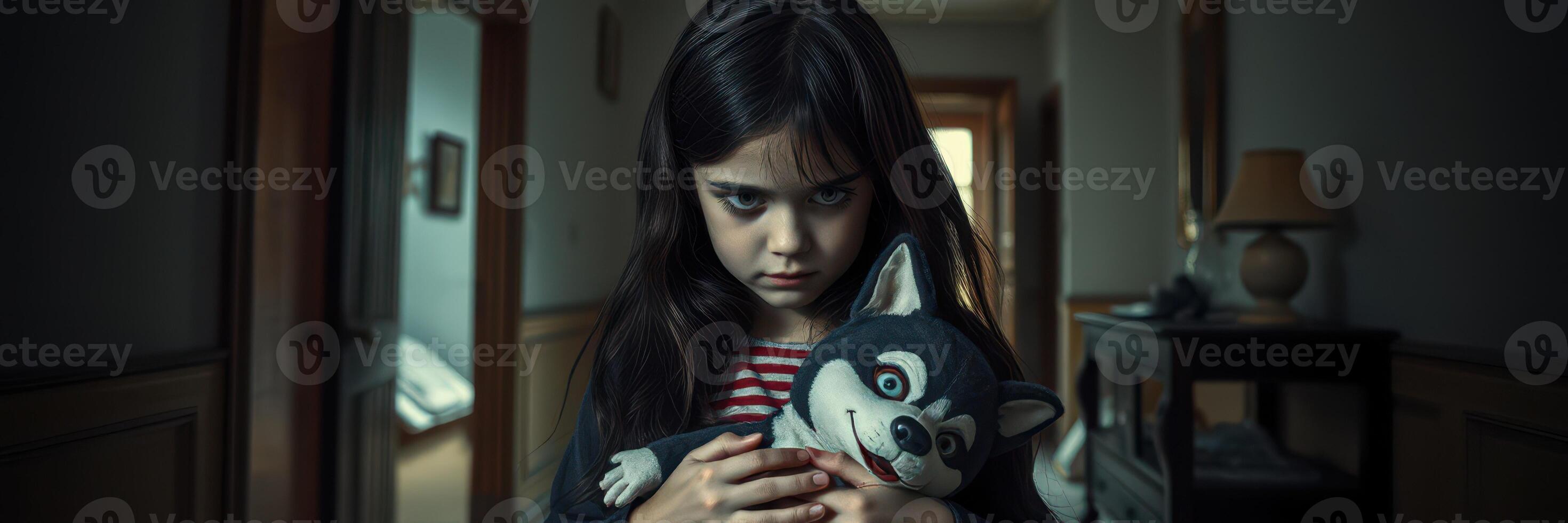 Mysterious young girl in eerie hallway holding stuffed toy during dusk hours photo