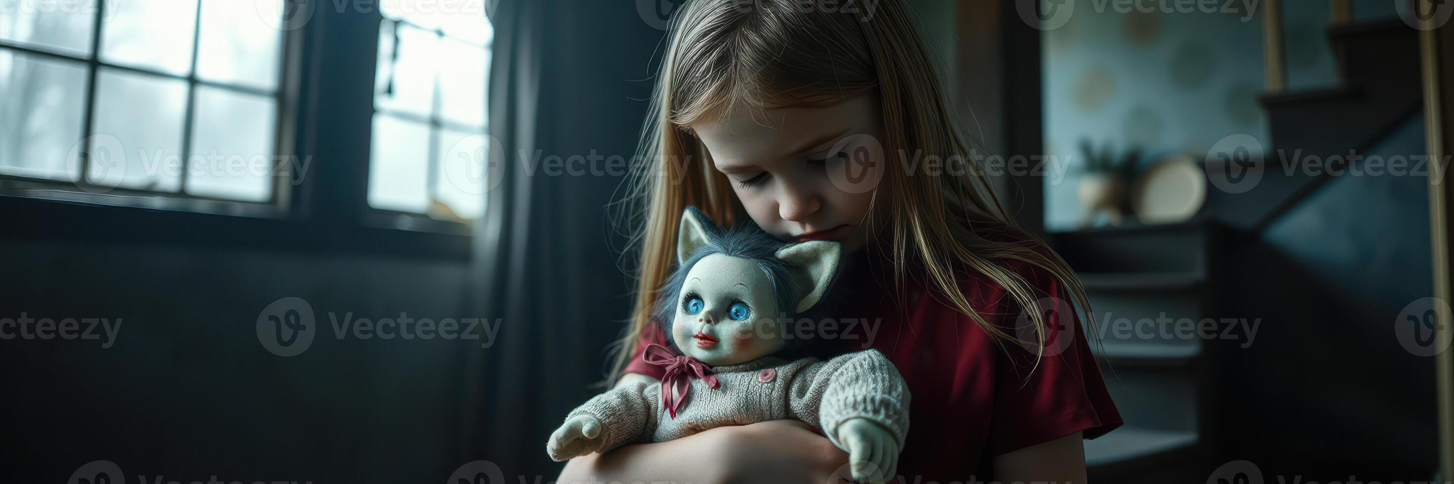 Child holding a vintage doll in a dimly lit room with a staircase and window in the background photo