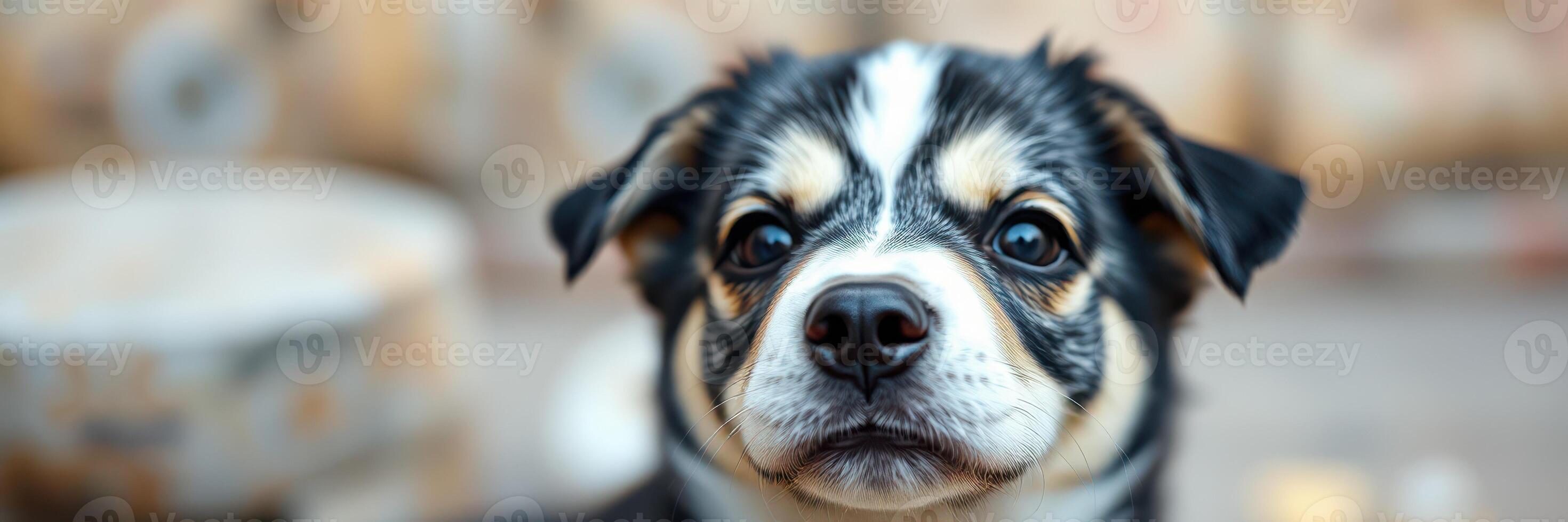 Cute small dog with expressive eyes in a cozy setting surrounded by soft light photo