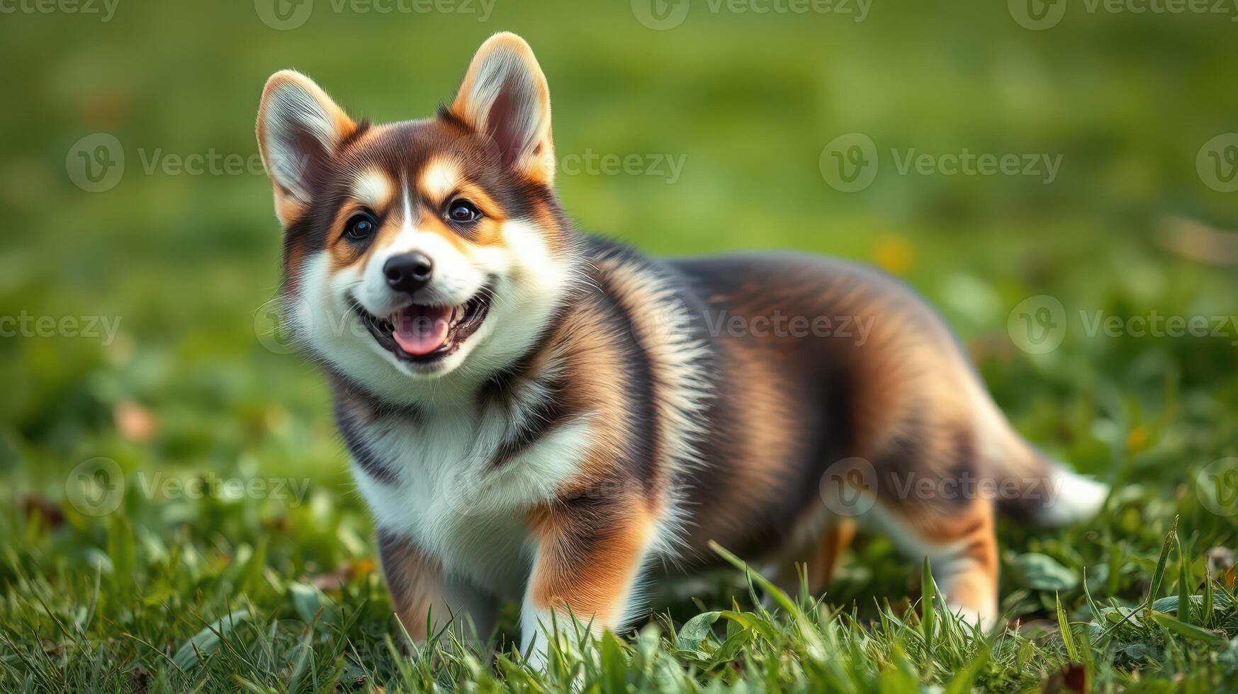 Happy corgi playing in the grass on a sunny day at the park with its joyful expression and lively energy photo