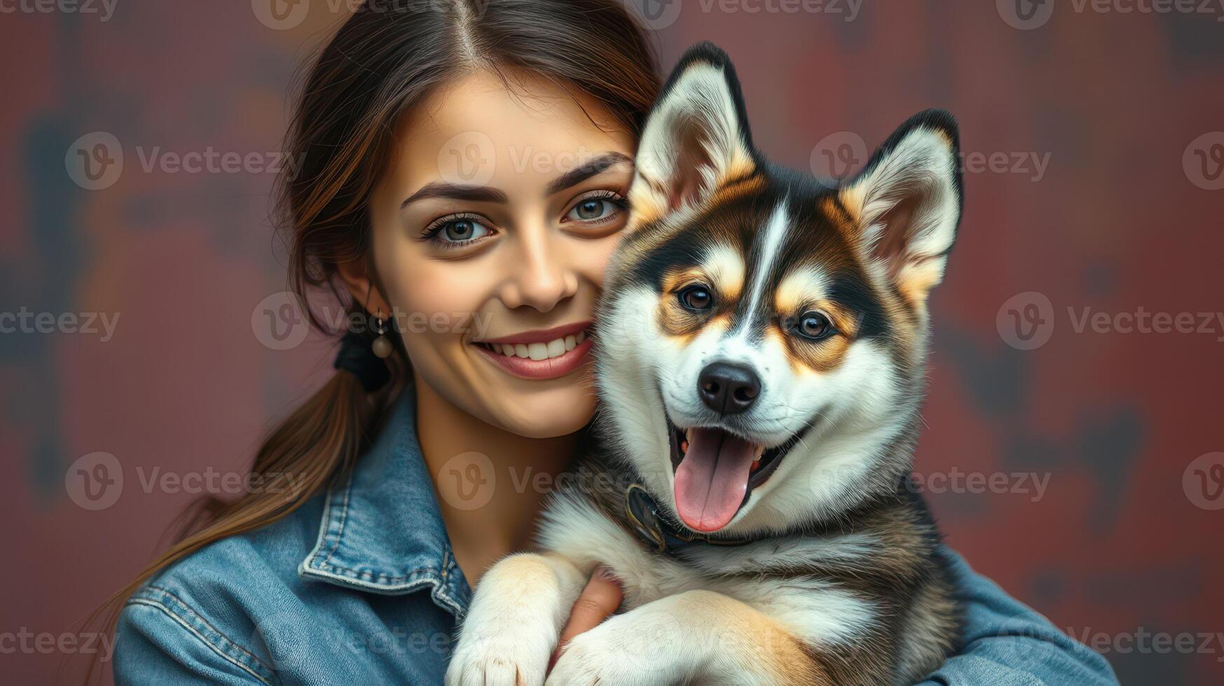 Smiling woman joyfully holds a happy puppy while posing indoors against a colorful backdrop photo