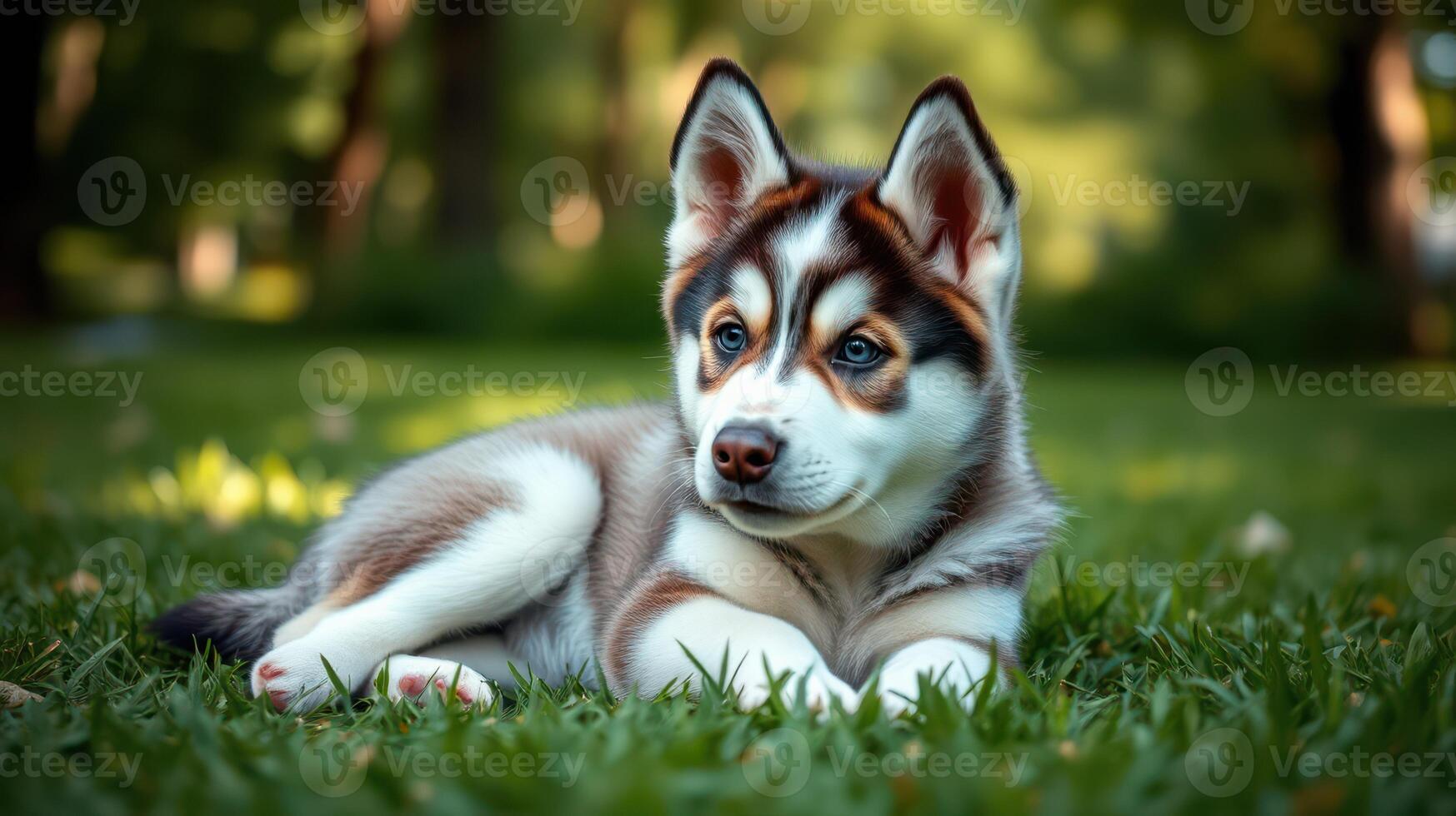 Cute husky puppy relaxing on grass in a sunny park setting during the afternoon photo
