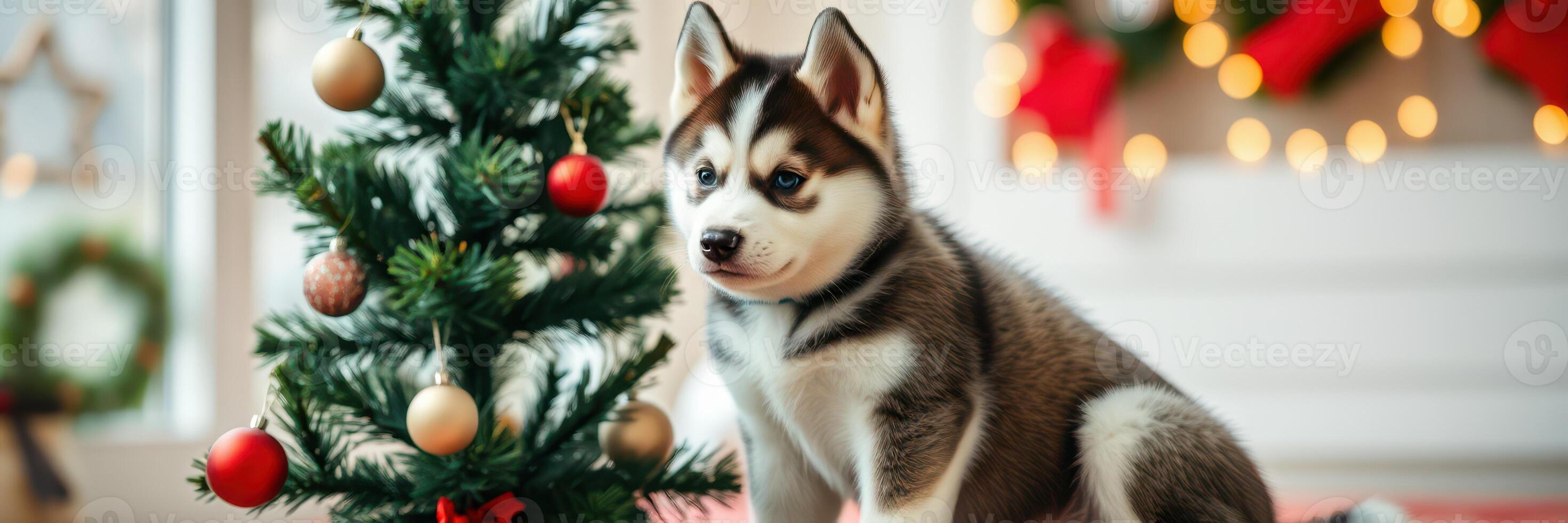 Cute husky puppy sitting near a decorated Christmas tree with colorful ornaments in a cozy indoor setting photo