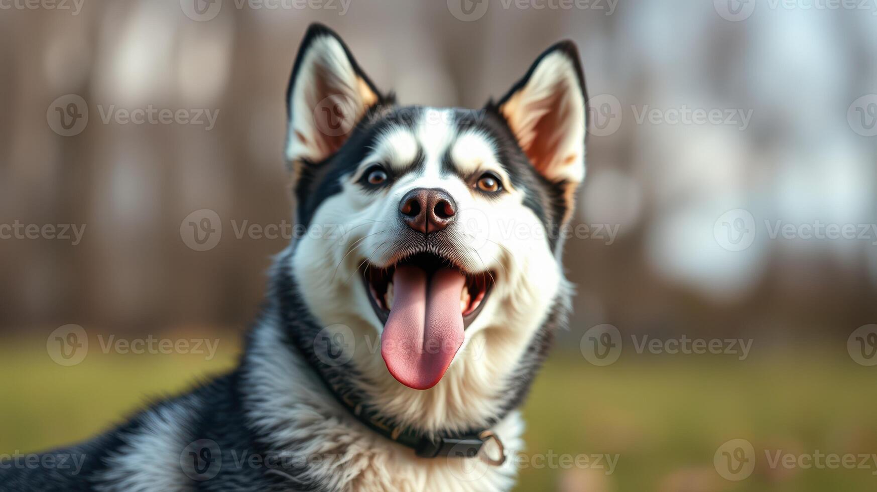 Happy Siberian Husky enjoying a sunny day at the park with a playful expression and tongue out photo
