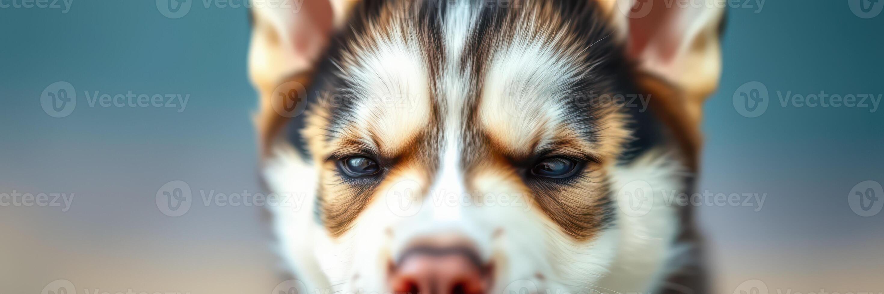 Portrait of a husky puppy with striking features looking directly at the camera on a blurred background photo