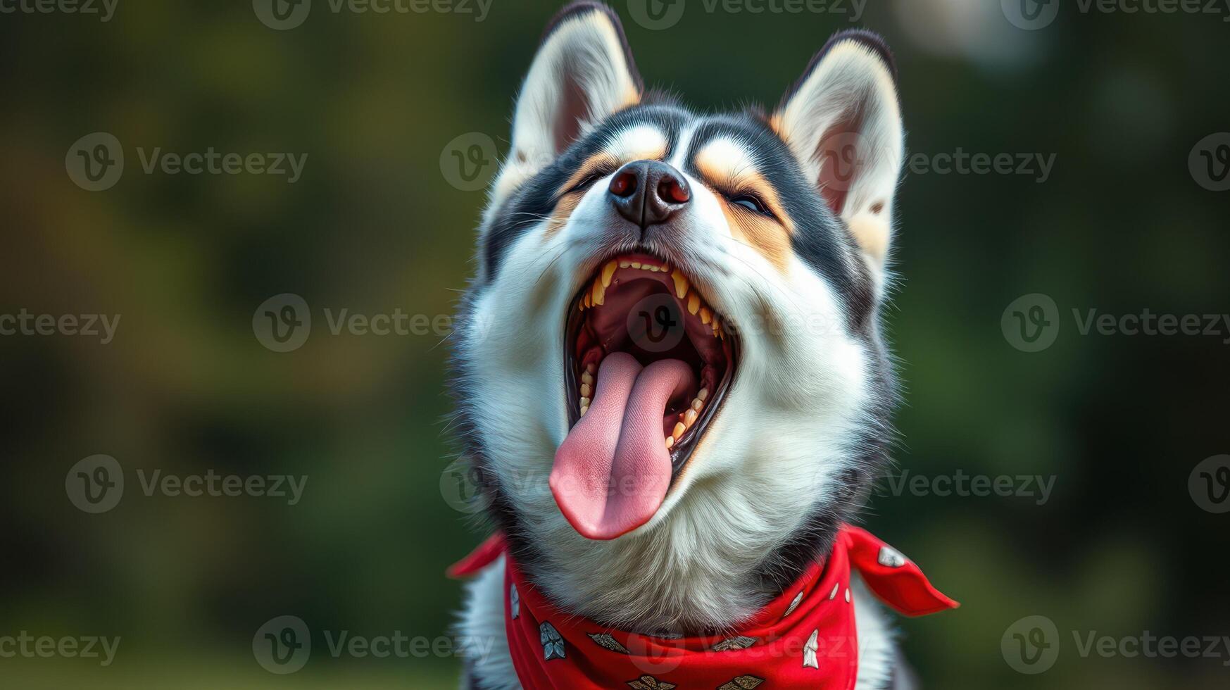 Playful husky enjoys a sunny day outdoors while wearing a red bandana photo