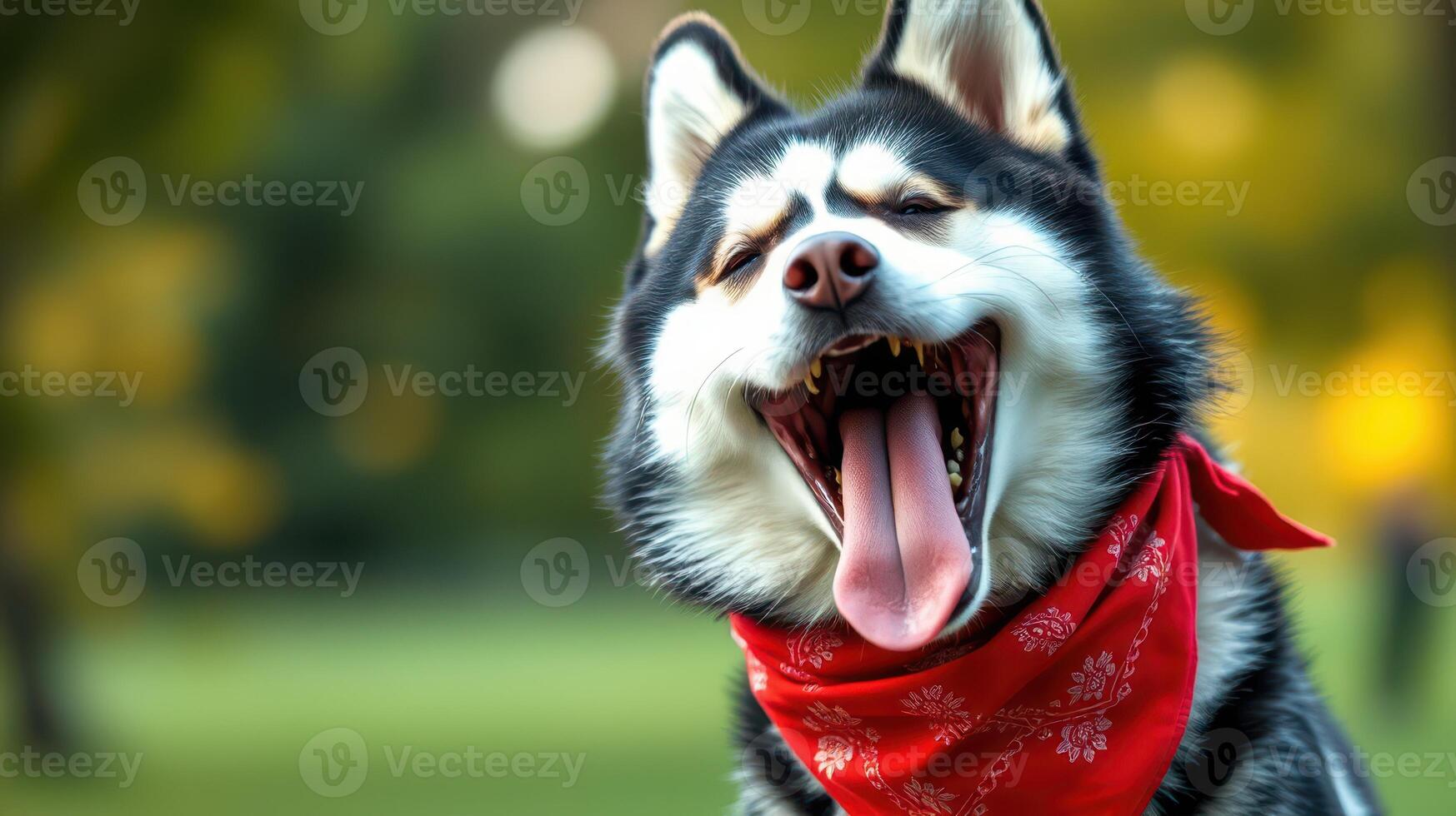 Happy dog wearing a red bandana joyfully lounging in a sunny park during the afternoon photo
