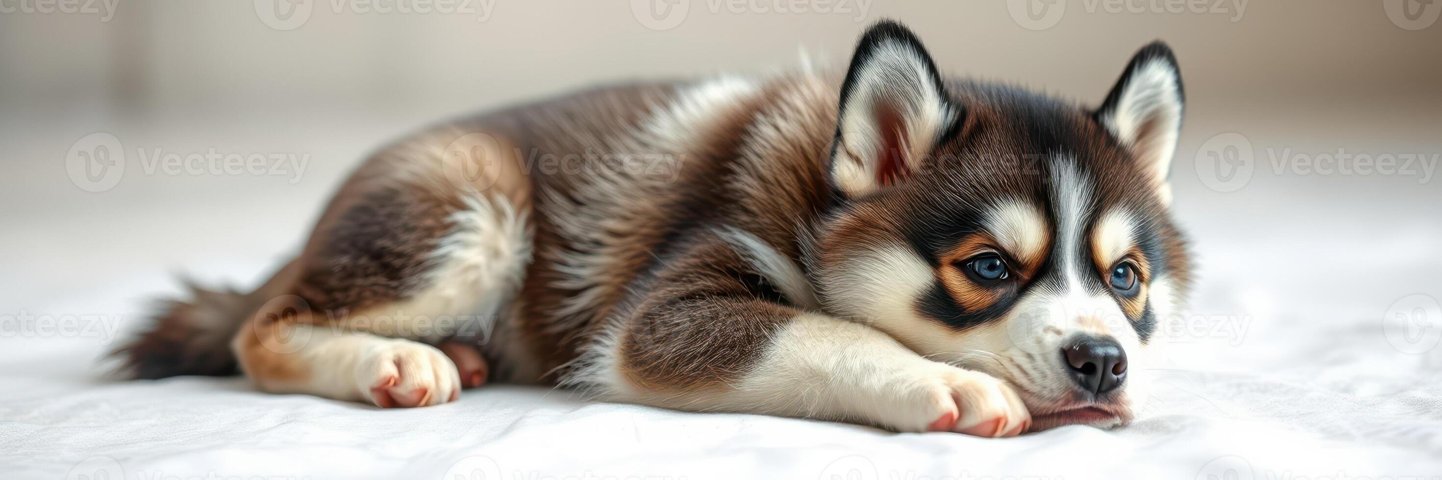Cute puppy lies on a soft surface, displaying a relaxed and sleepy demeanor in a cozy indoor setting photo