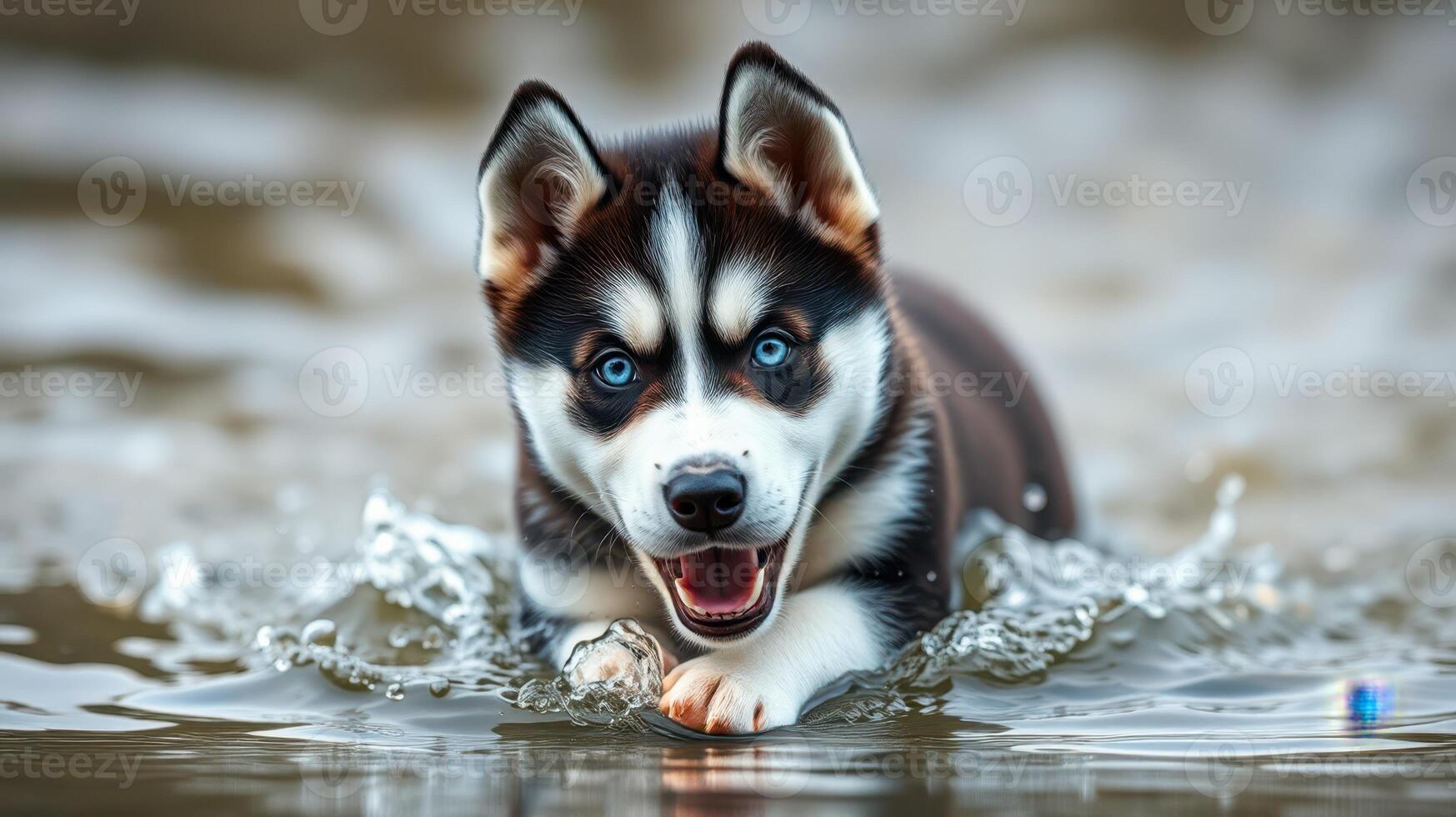 Playful husky puppy splashes joyfully through shallow water on a sunny day photo