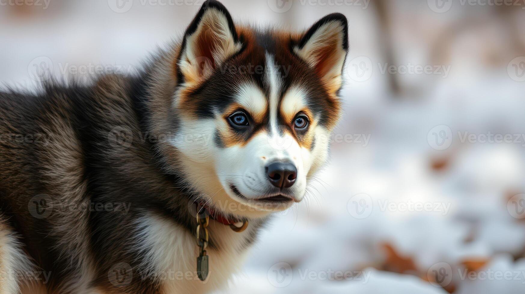 Captivating husky puppy exploring a snowy landscape during winter photo