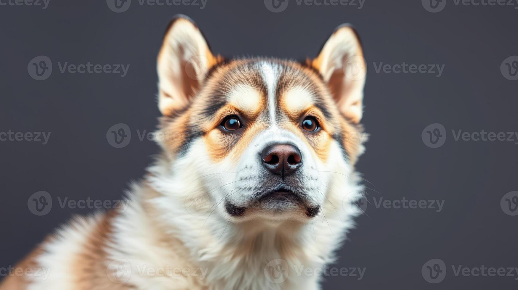 Dog with distinctive markings poses against a neutral background, capturing attention with its alert expression and expressive eyes photo