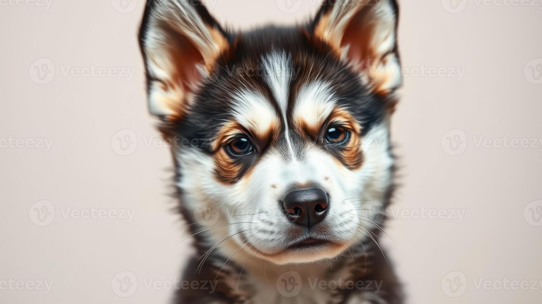 Puppy with striking fur pattern poses for a close-up capture in a neutral backdrop at a cozy indoor setting photo