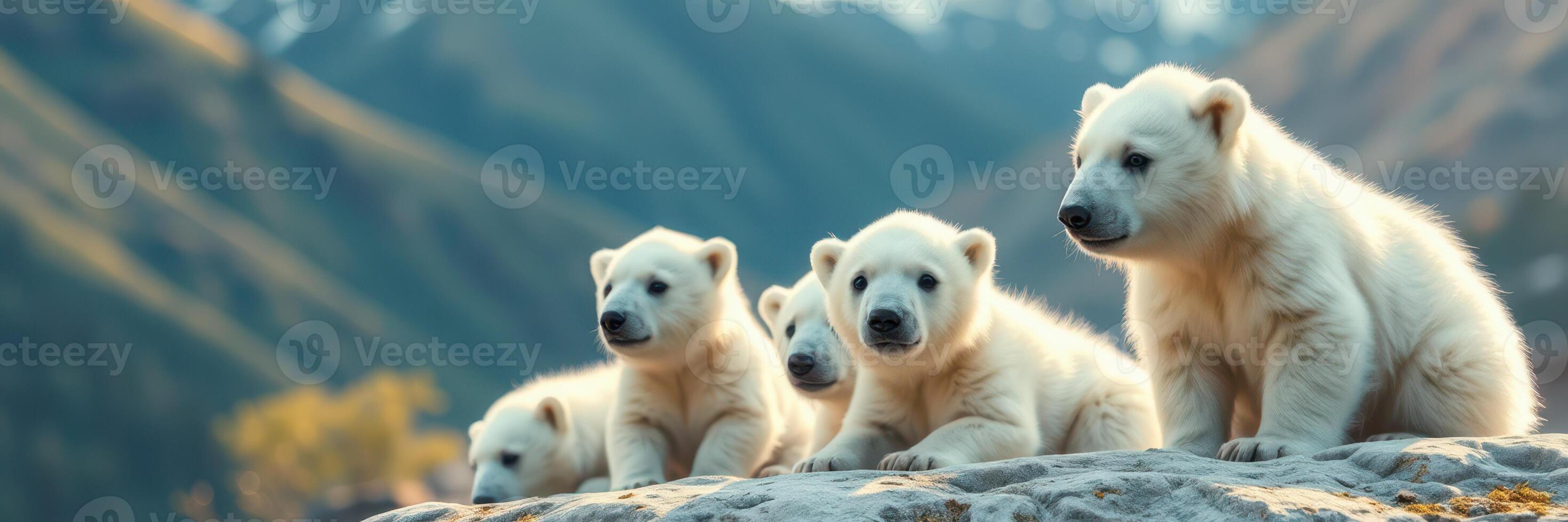 Five playful polar bear cubs exploring their natural habitat in a mountainous landscape during daylight hours photo