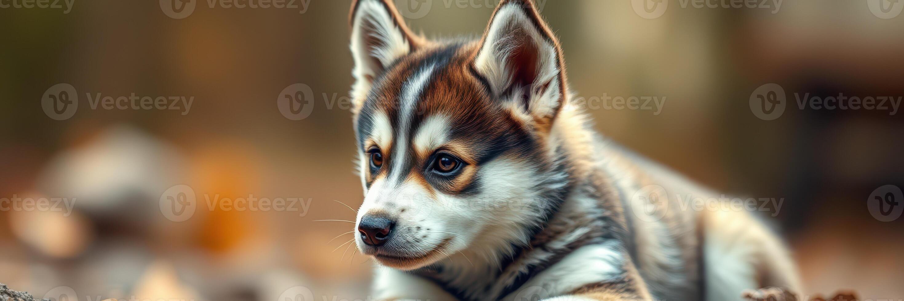 Cute husky puppy relaxing in a forest during golden hour, surrounded by nature and soft lighting photo