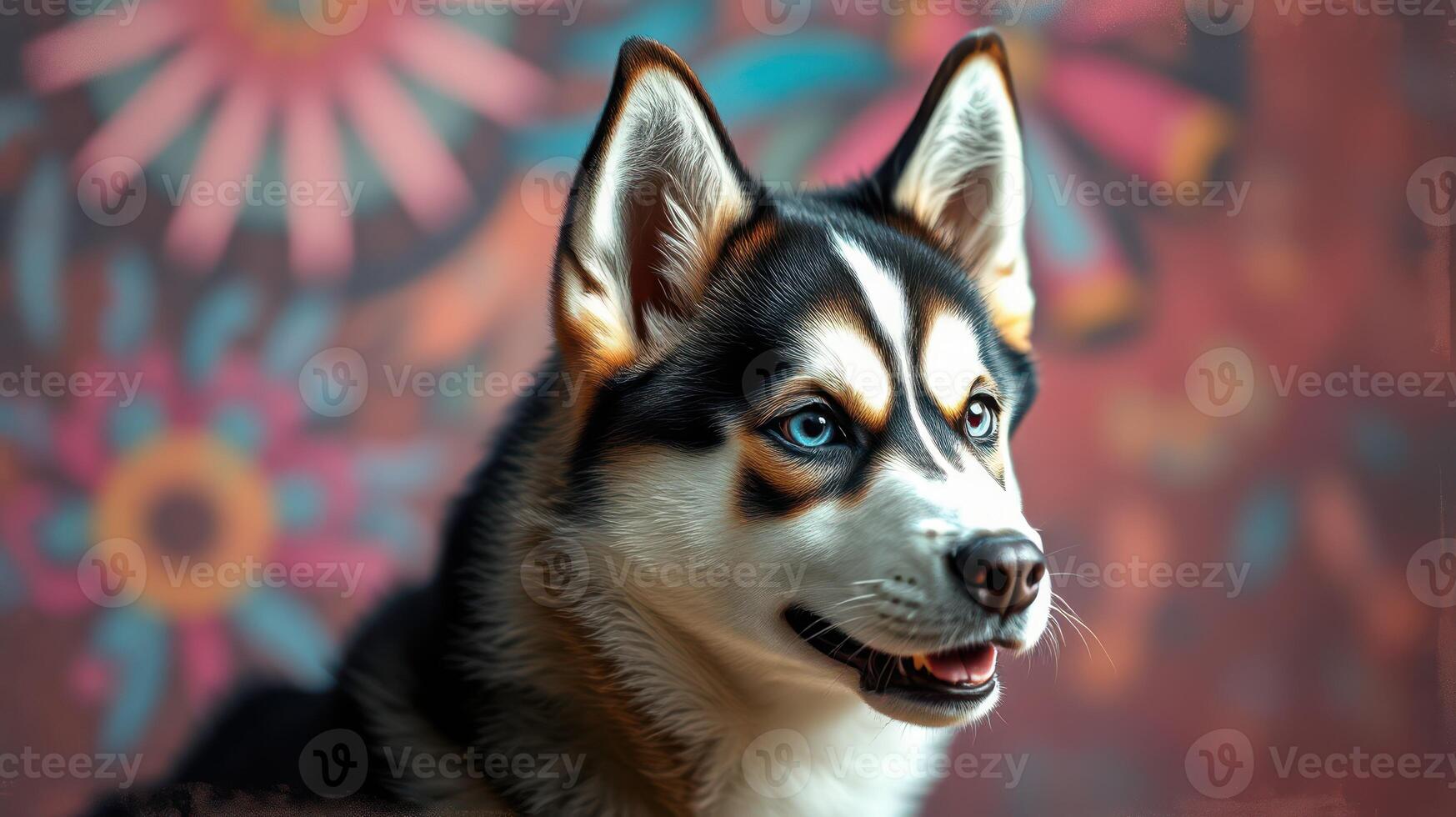 Beautiful husky with striking blue eyes poses in front of a colorful floral backdrop photo